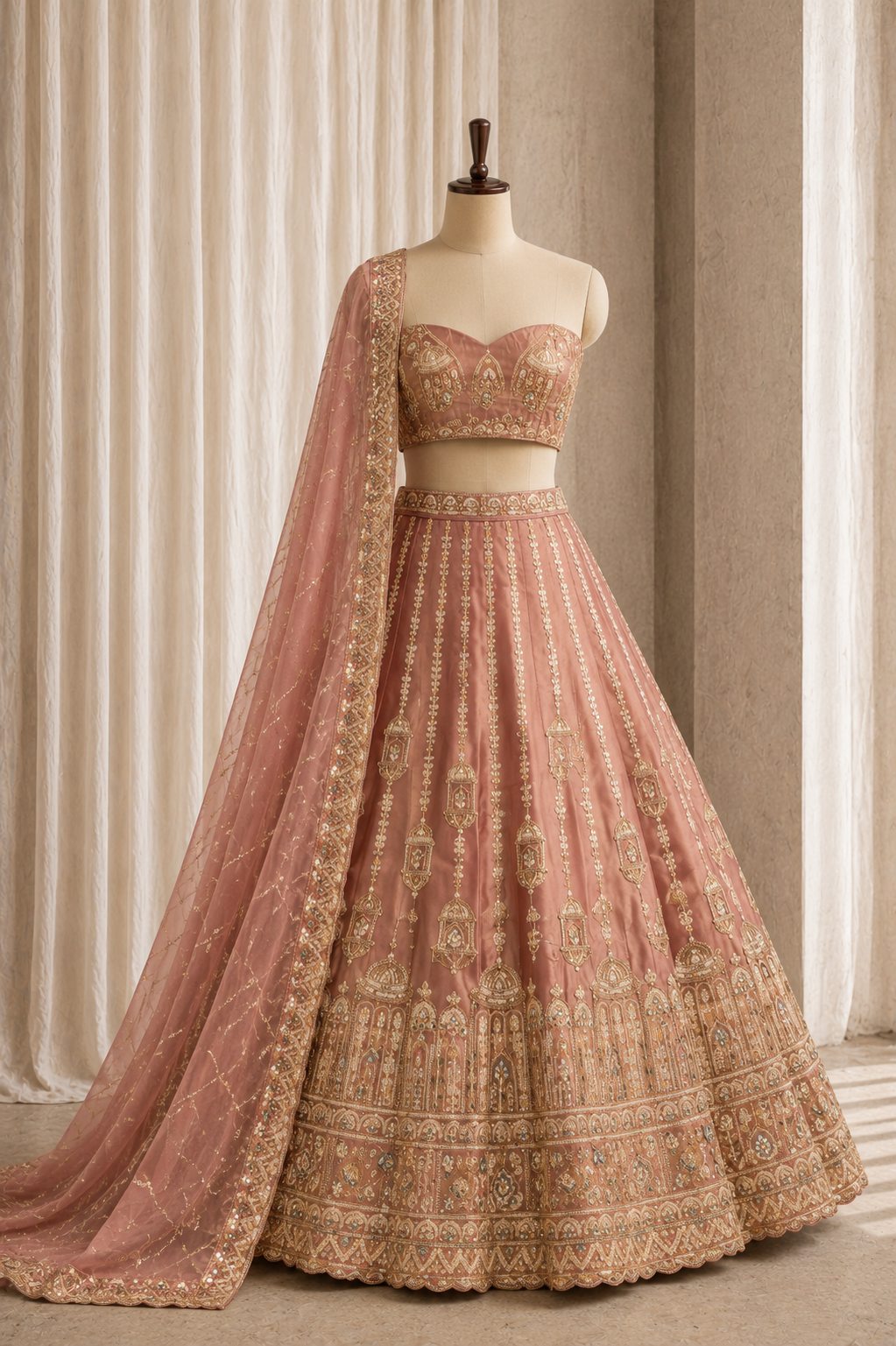 Wonderful Rose Gold Color And Shimmer Silk Fabric Cut Dana Work with Unstitch Lehenga