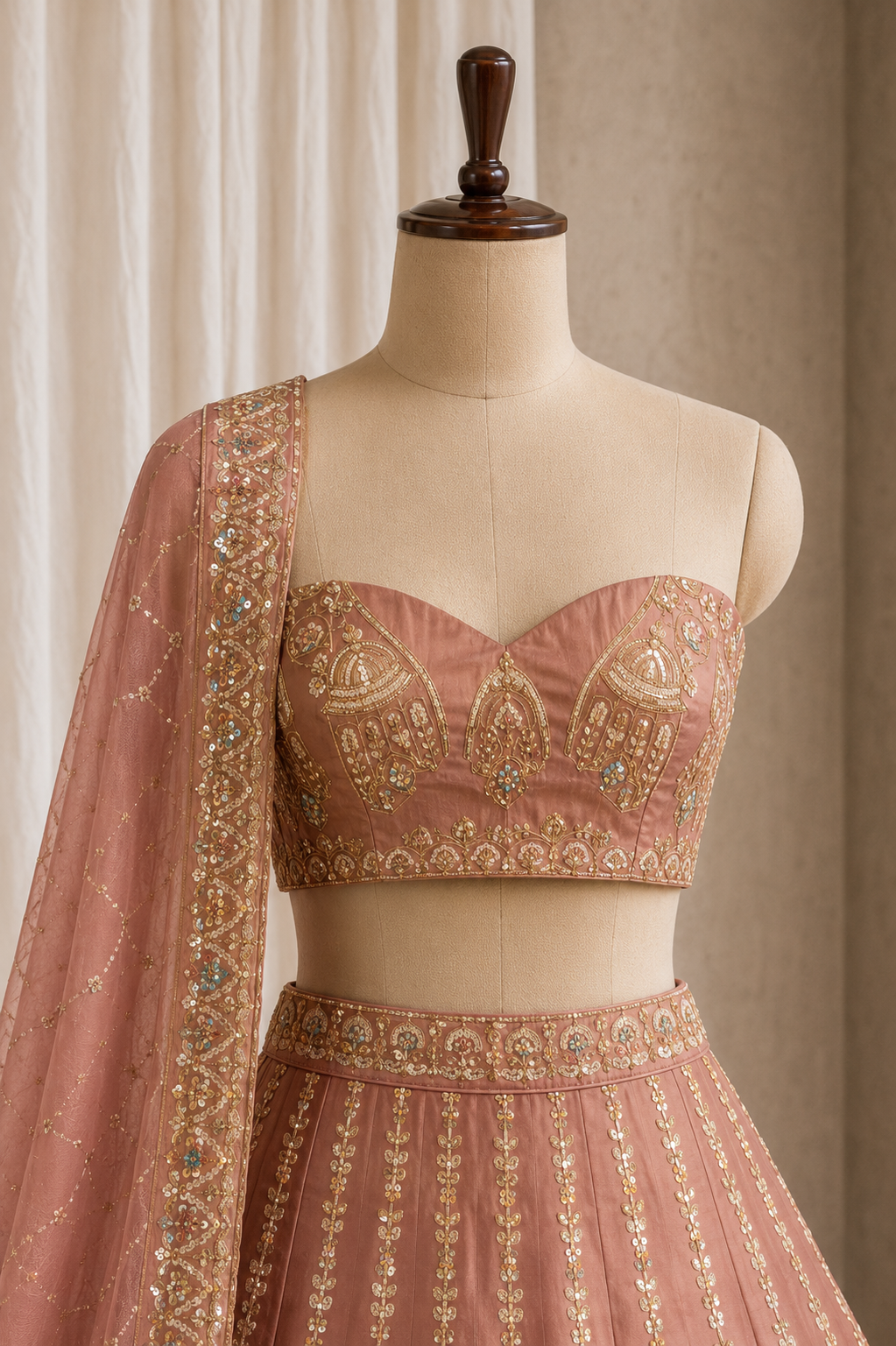 Wonderful Rose Gold Color And Shimmer Silk Fabric Cut Dana Work with Unstitch Lehenga