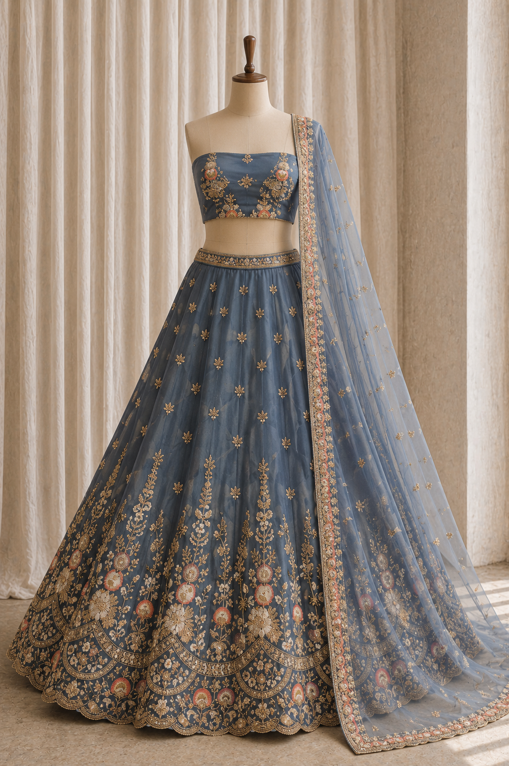 Lovely Grey Color And Tissue Silk Fabric Hand Work with Unstitch Lehenga