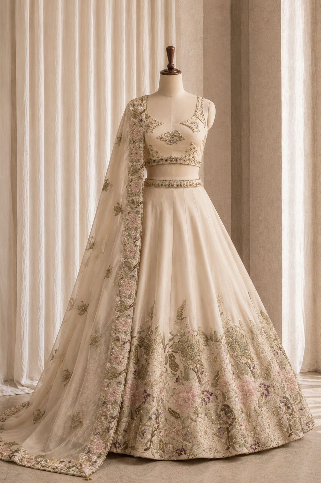 Fantastic Beige Color And Tissue Silk Fabric Embroidery Work with Unstitch Lehenga