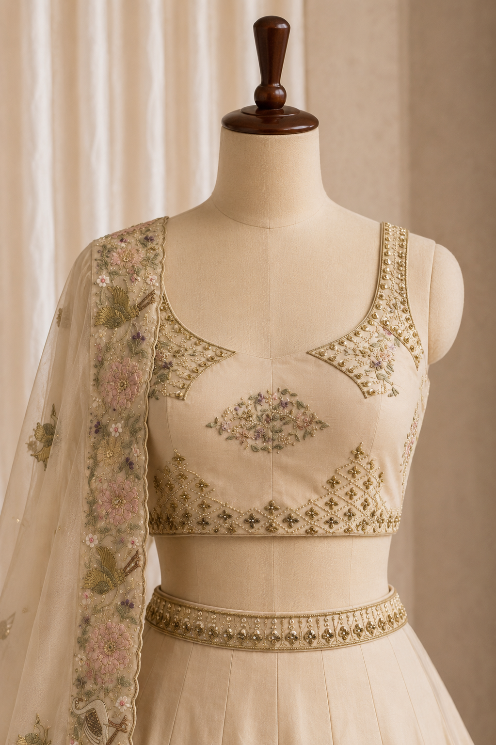 Fantastic Beige Color And Tissue Silk Fabric Embroidery Work with Unstitch Lehenga