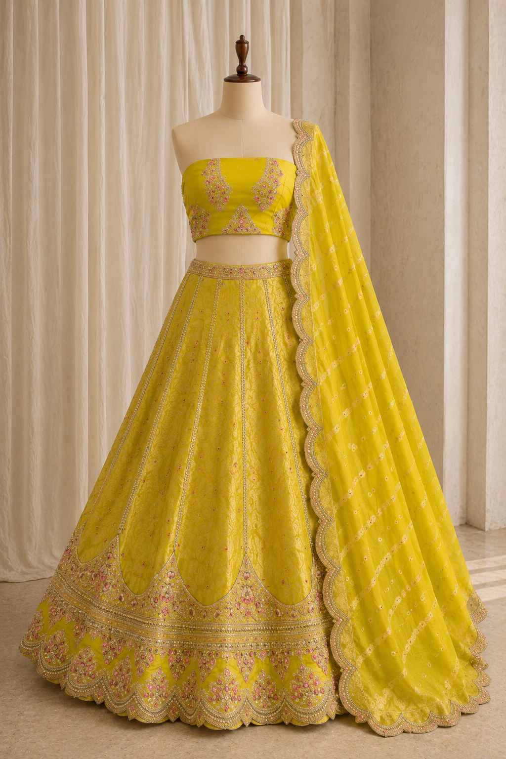 Grand Yellow Color And Brocade Fabric Thread Work with Unstitch Lehenga
