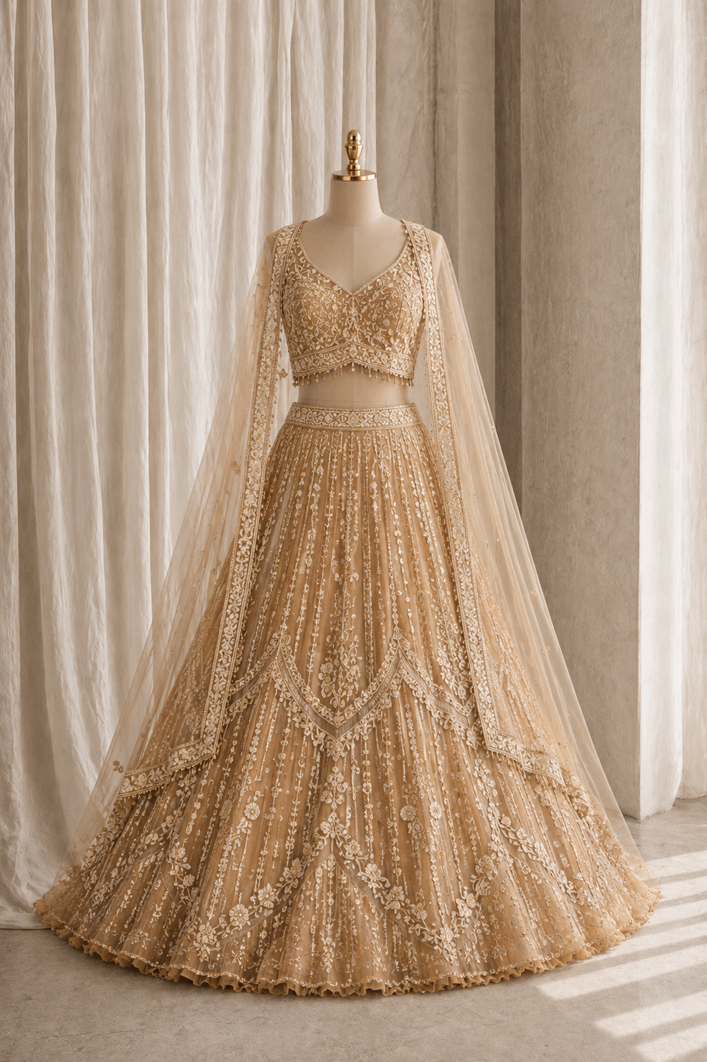 Elegant Gold Color and Net Fabric Cut Dana Work Lehenga Choli