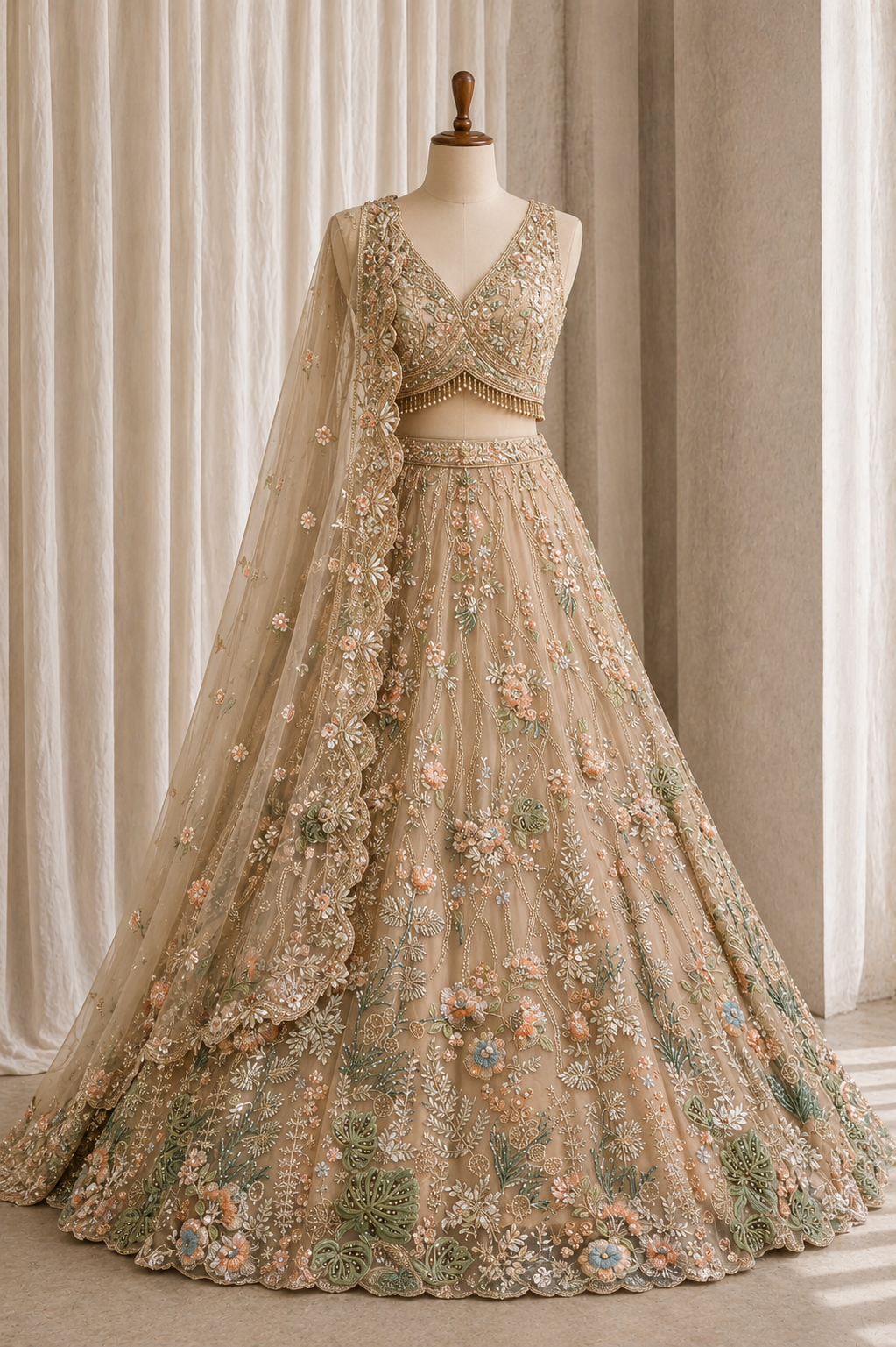 Classy Beige Color and Net Fabric Diamond Work Lehenga Choli