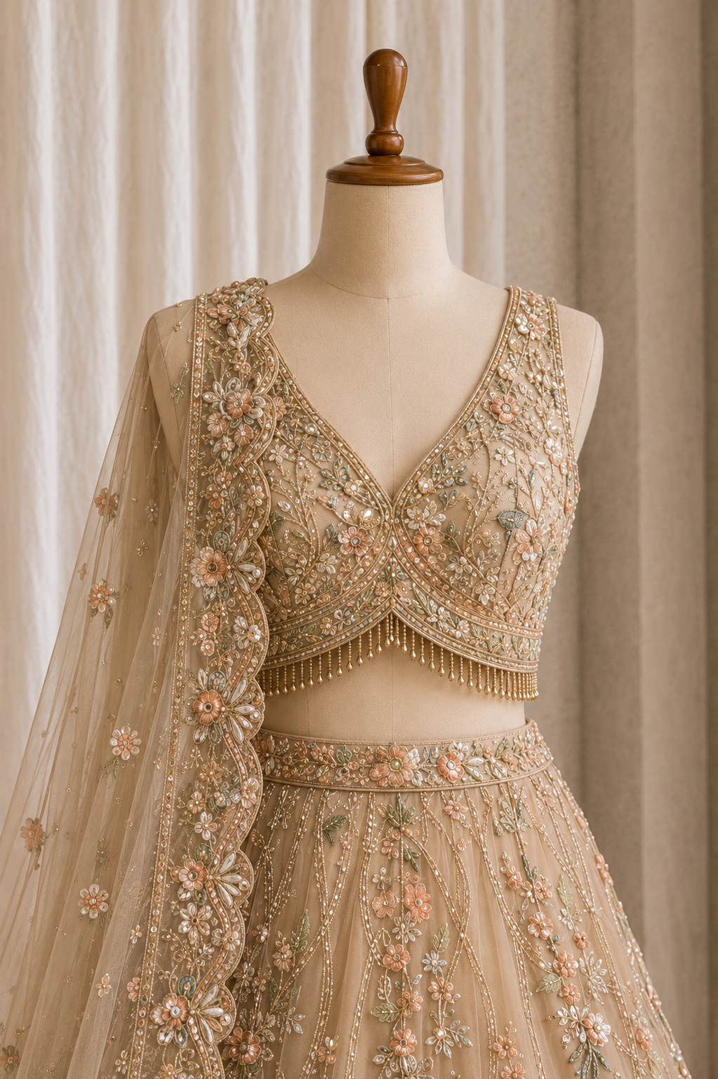 Classy Beige Color and Net Fabric Diamond Work Lehenga Choli