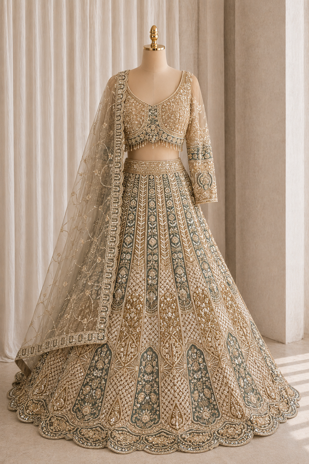 Superb Gold Color and Net Fabric Sequins Work Lehenga Choli