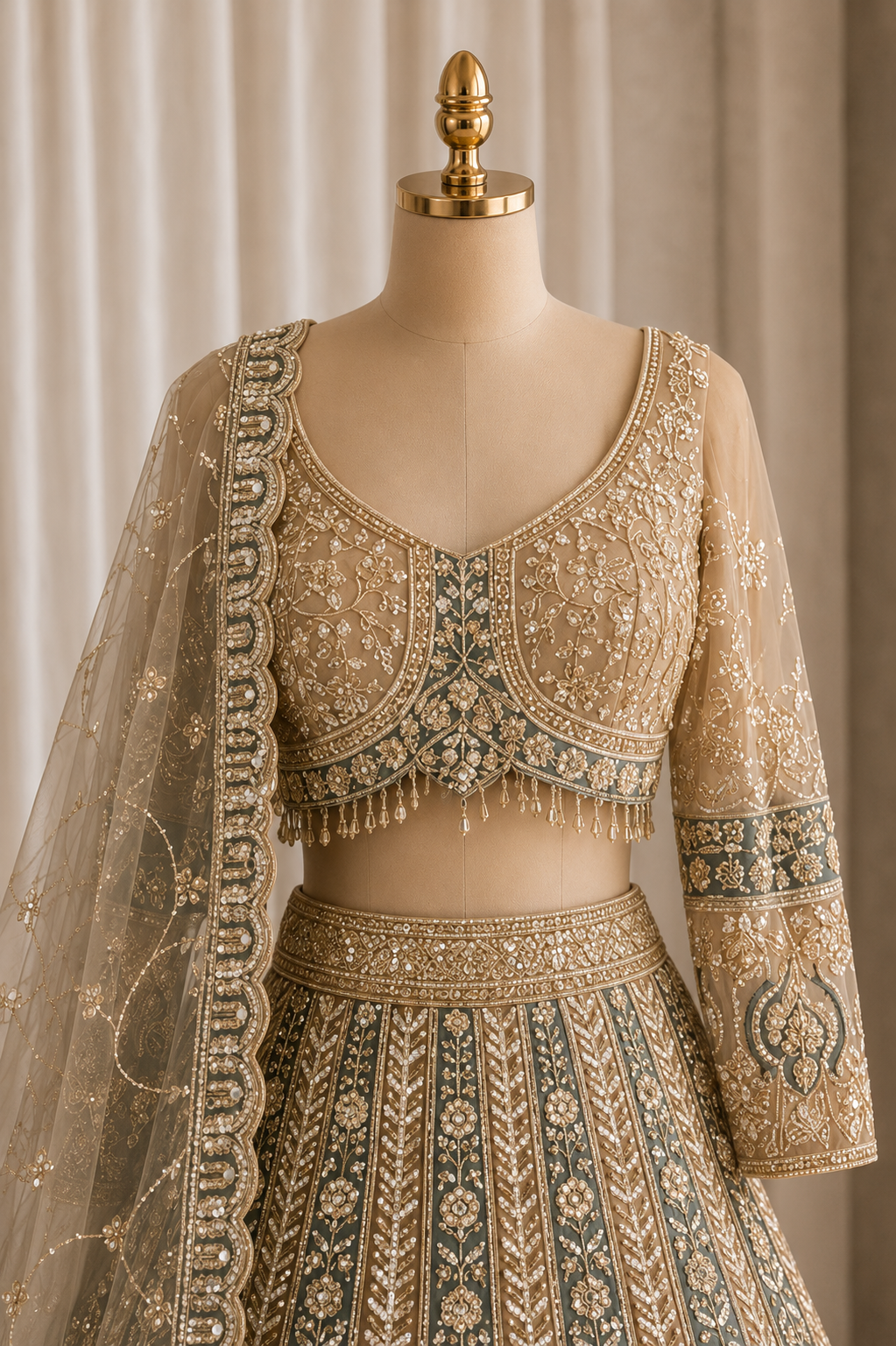 Superb Gold Color and Net Fabric Sequins Work Lehenga Choli