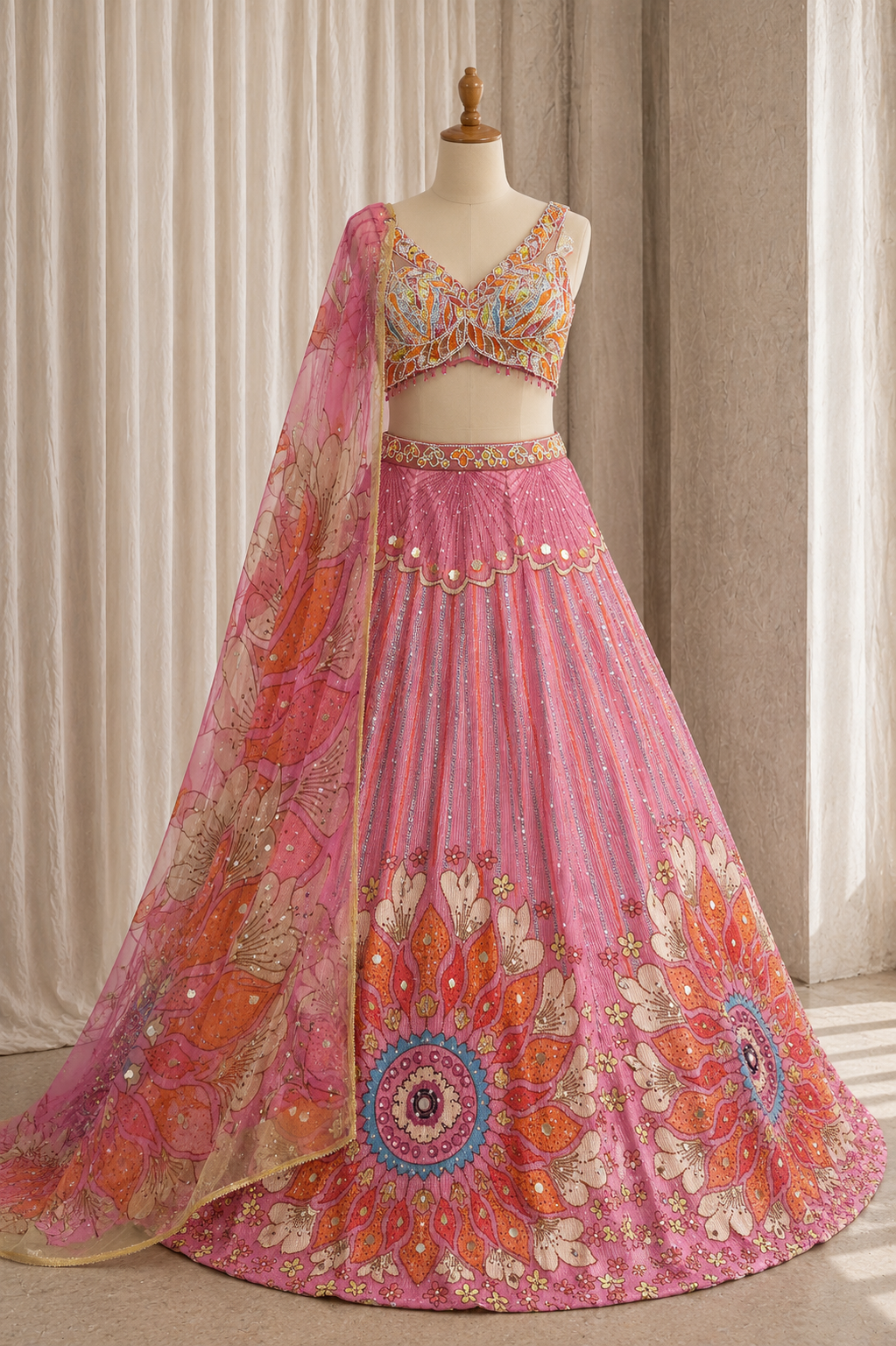 Radiant Pink Color and Georgette Silk Fancy Work Pdp Style Lehenga Choli