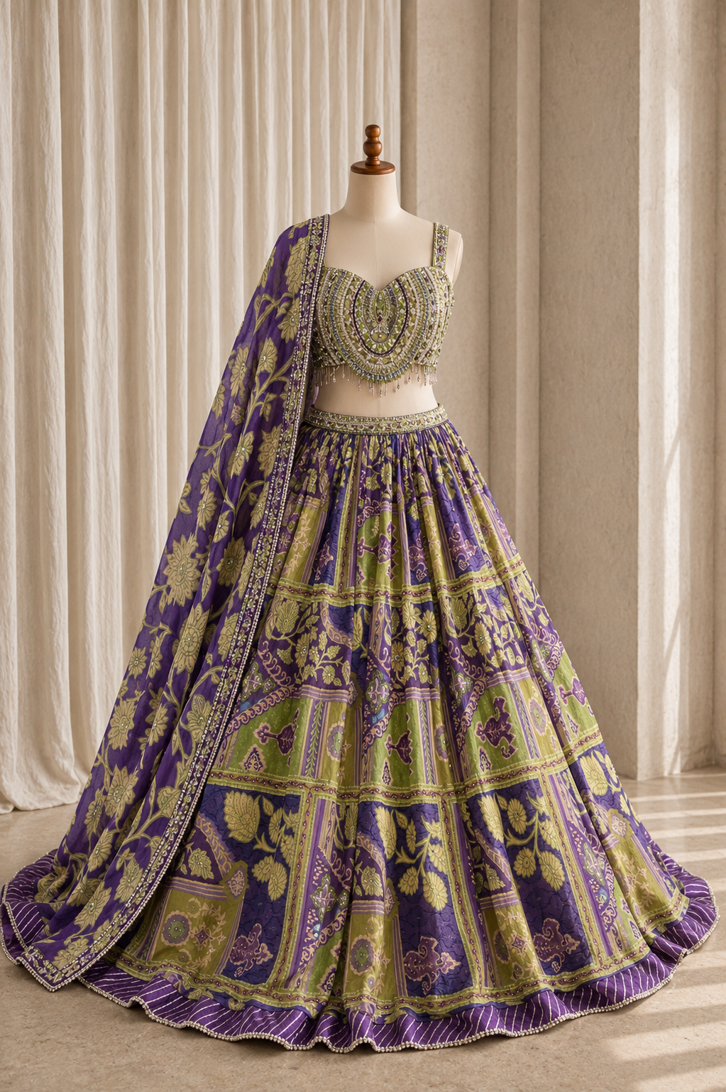 Elegant Purple Color and Raw Silk Chiffon Fabric Mirror Work Style Lehenga Choli