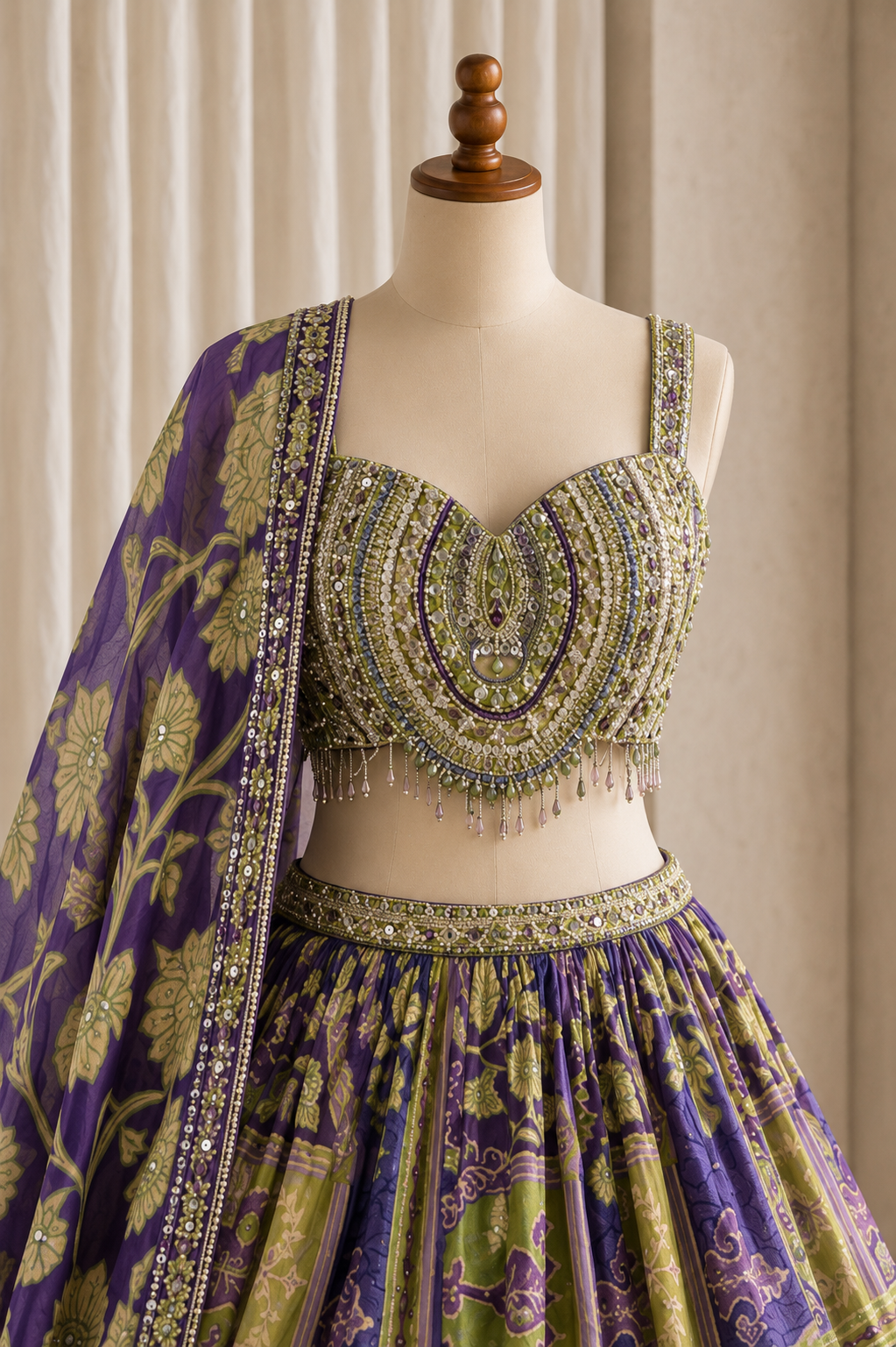 Elegant Purple Color and Raw Silk Chiffon Fabric Mirror Work Style Lehenga Choli