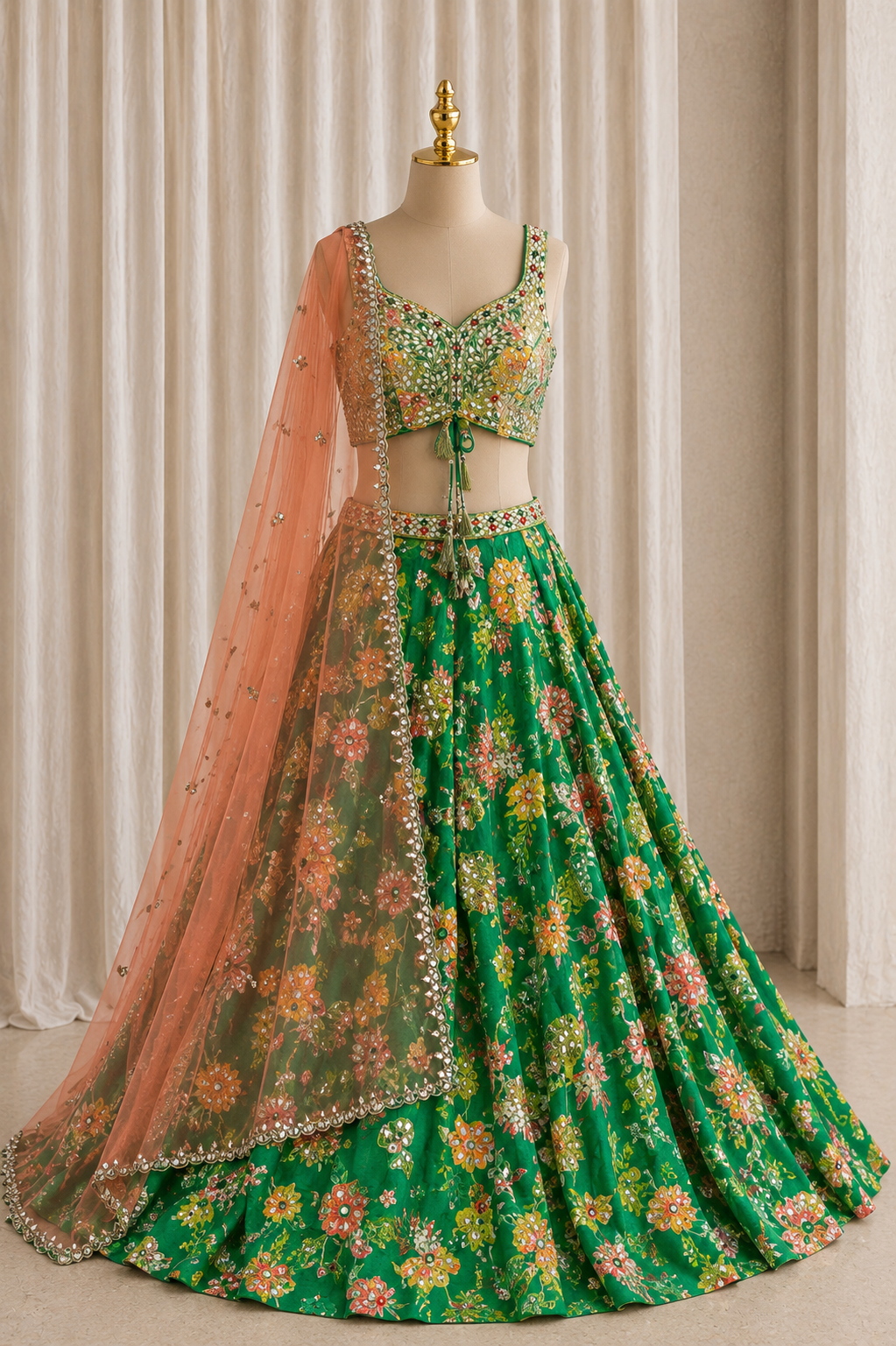 Gentle Green Color and Raw Silk Fabric Mirror Work Style Lehenga Choli