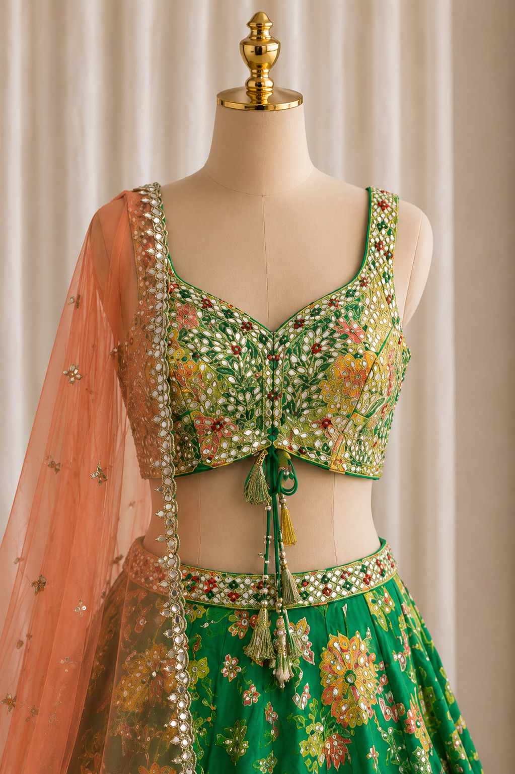 Gentle Green Color and Raw Silk Fabric Mirror Work Style Lehenga Choli