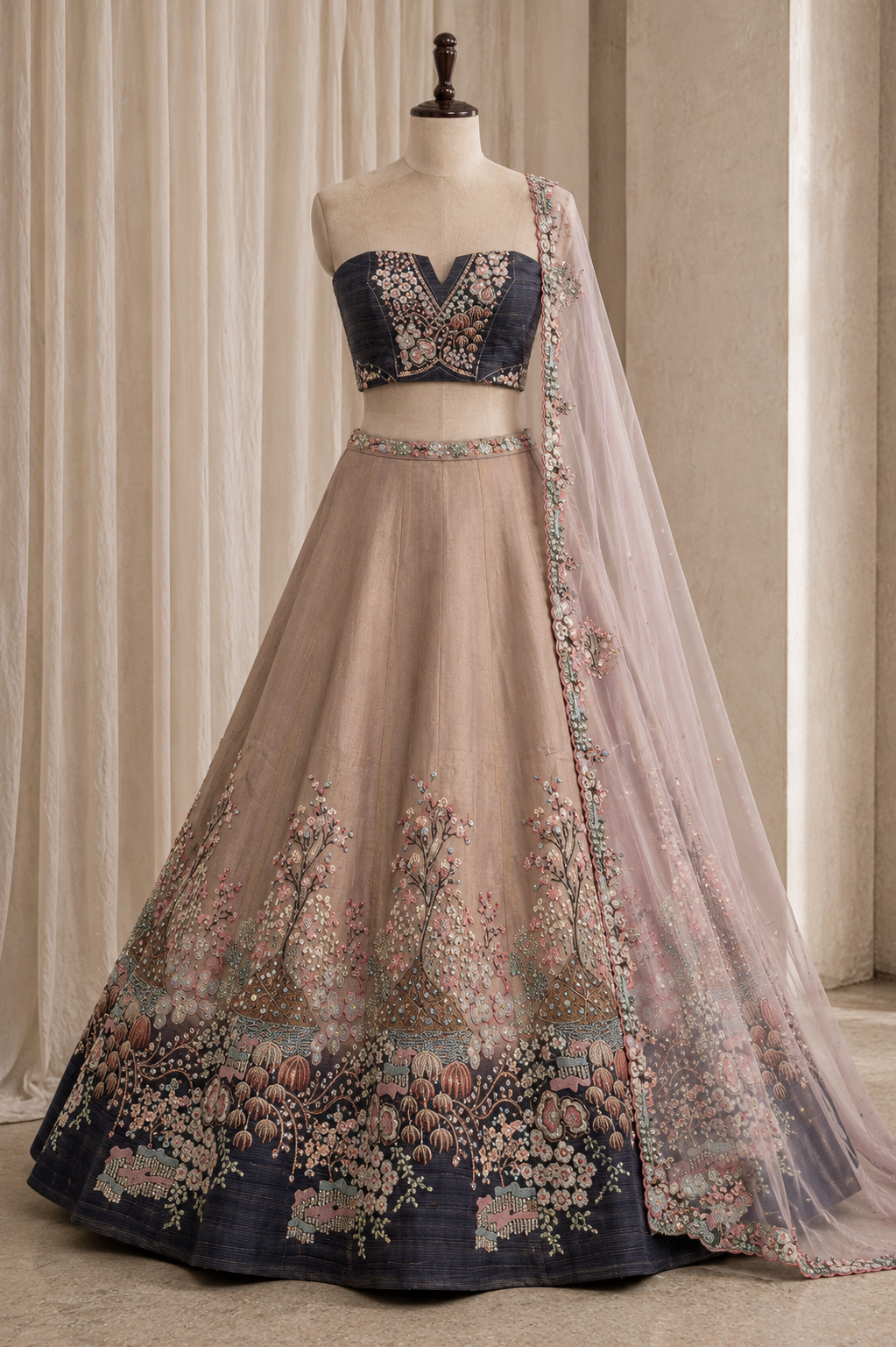Fantabulous Peach Color And Chanderi Silk Fabric Kasab with Unstitch Lehenga
