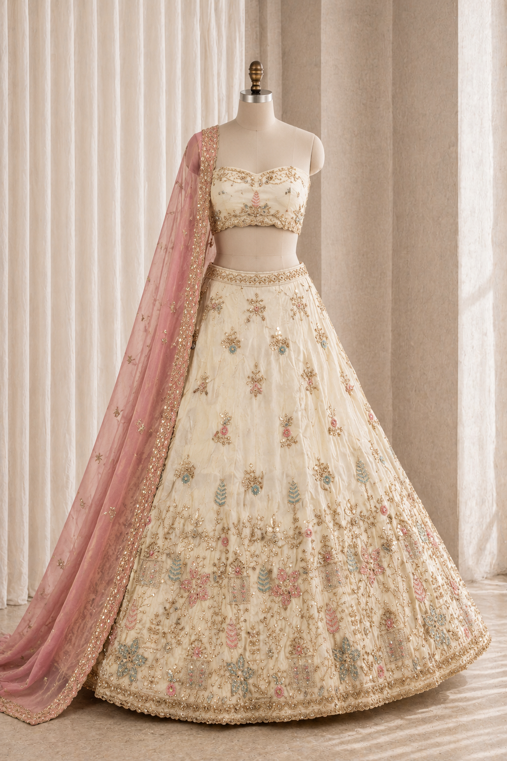Captivating Ivory Color And Tissue Fabric Cut dana Work with Unstitch Lehenga