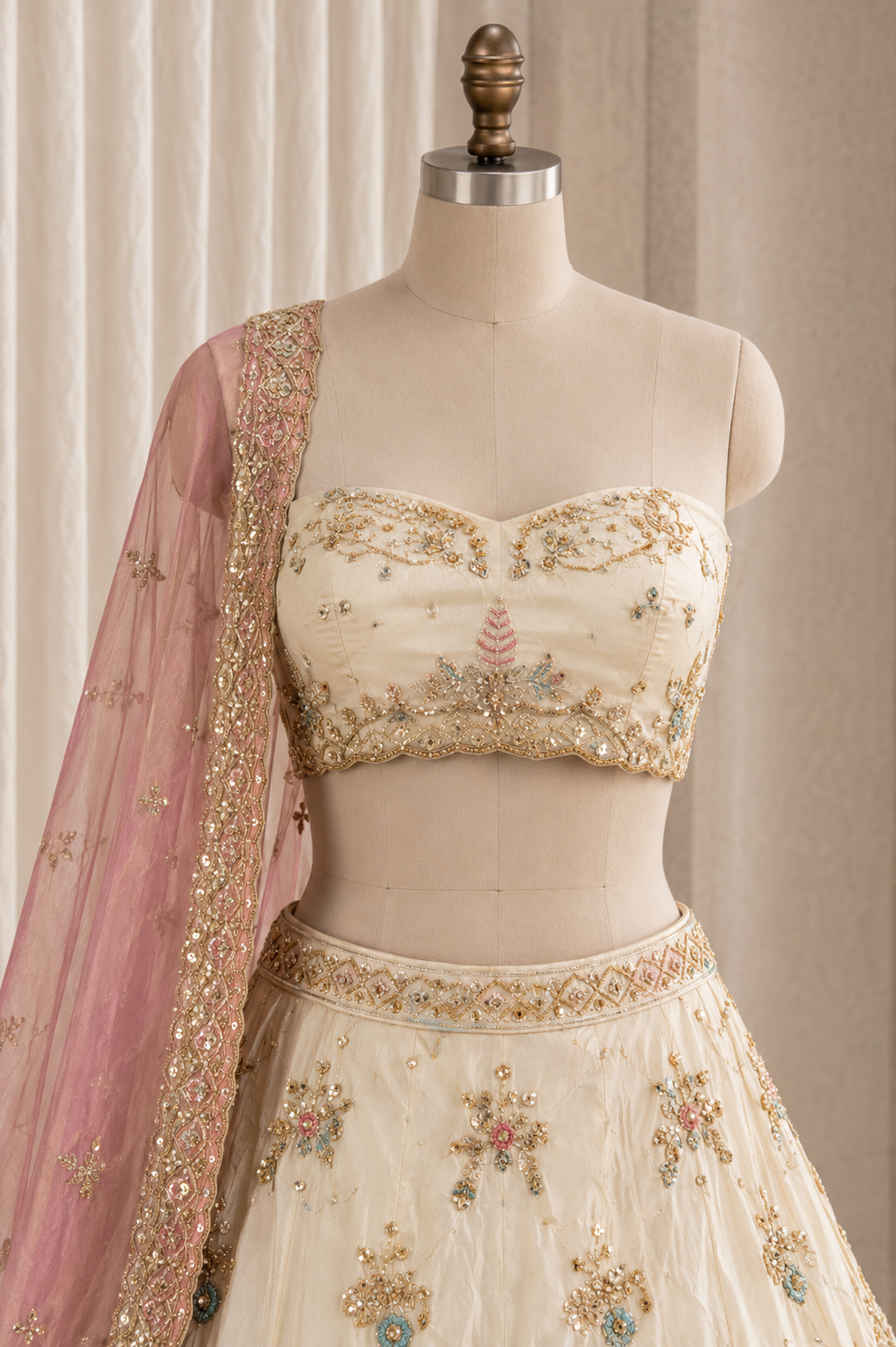 Captivating Ivory Color And Tissue Fabric Cut dana Work with Unstitch Lehenga