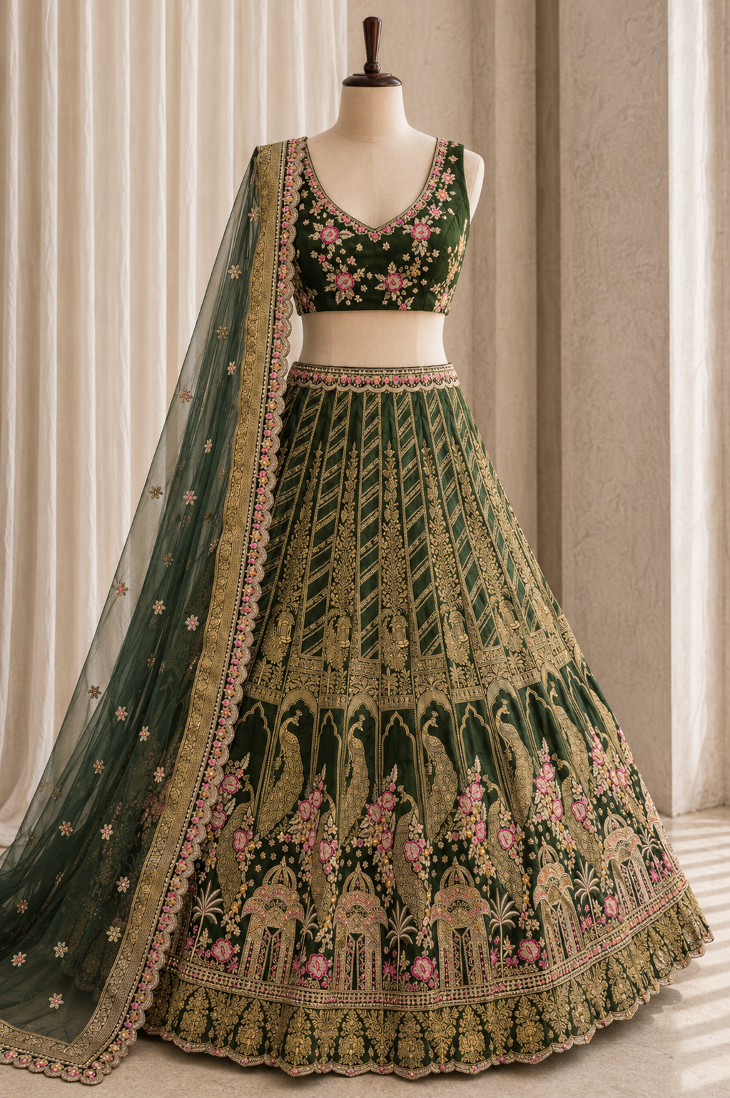Gentle Green Color And Banarasi Fabric Weaving Print with Unstitch Lehenga