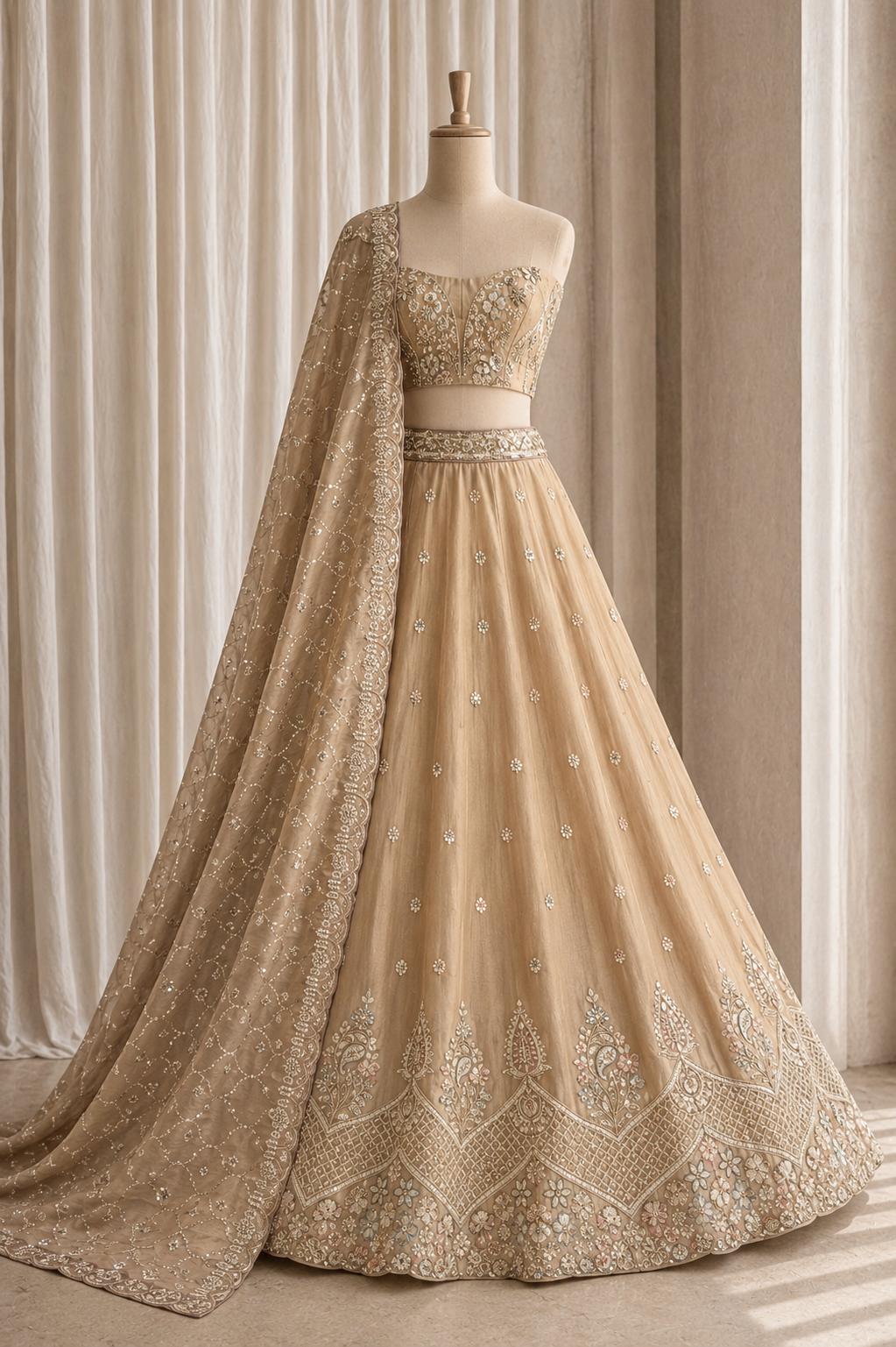 Brilliant Bronze Color And Shimmer Fabric Moti Work with Unstitch Lehenga