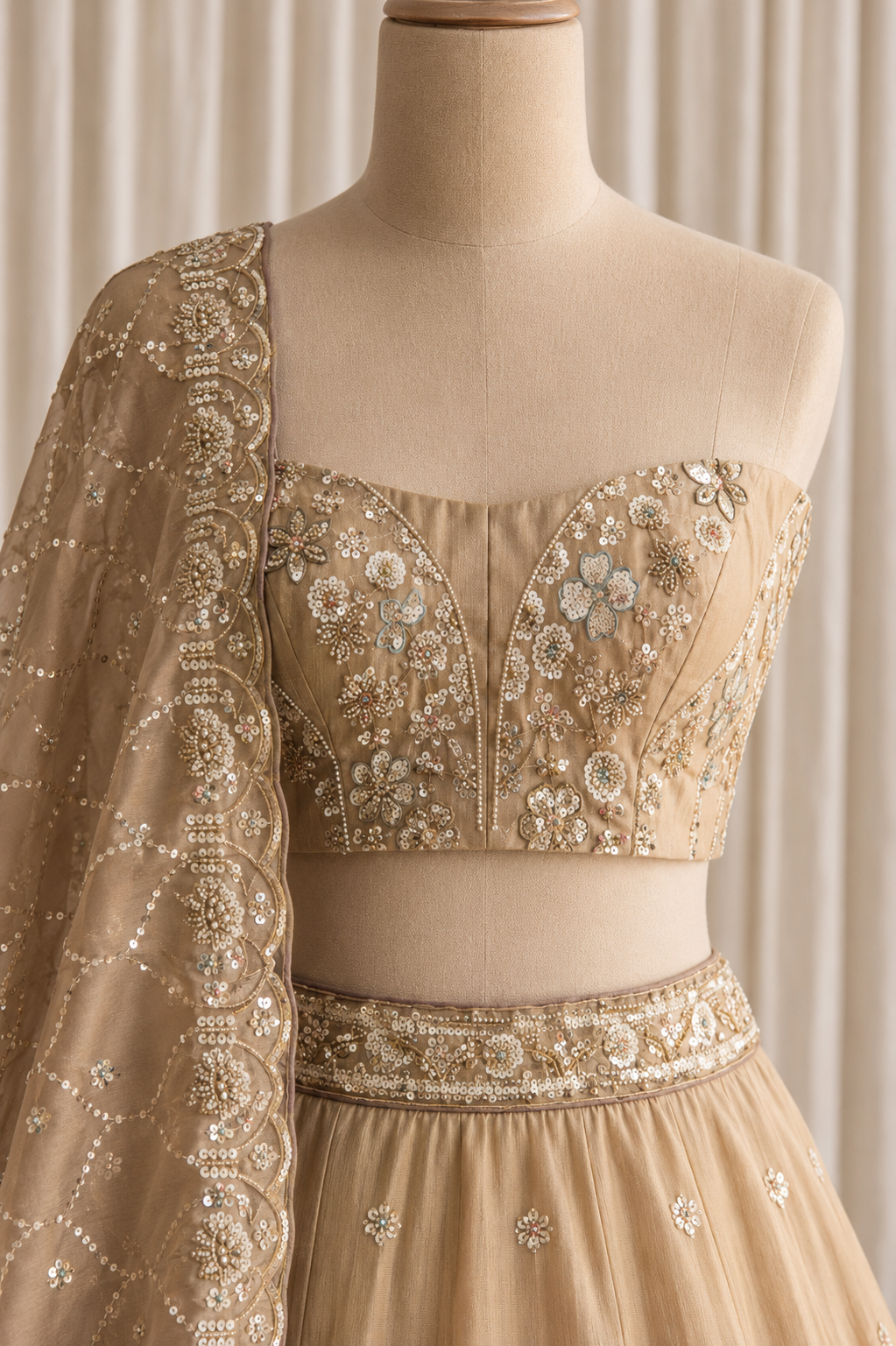 Brilliant Bronze Color And Shimmer Fabric Moti Work with Unstitch Lehenga