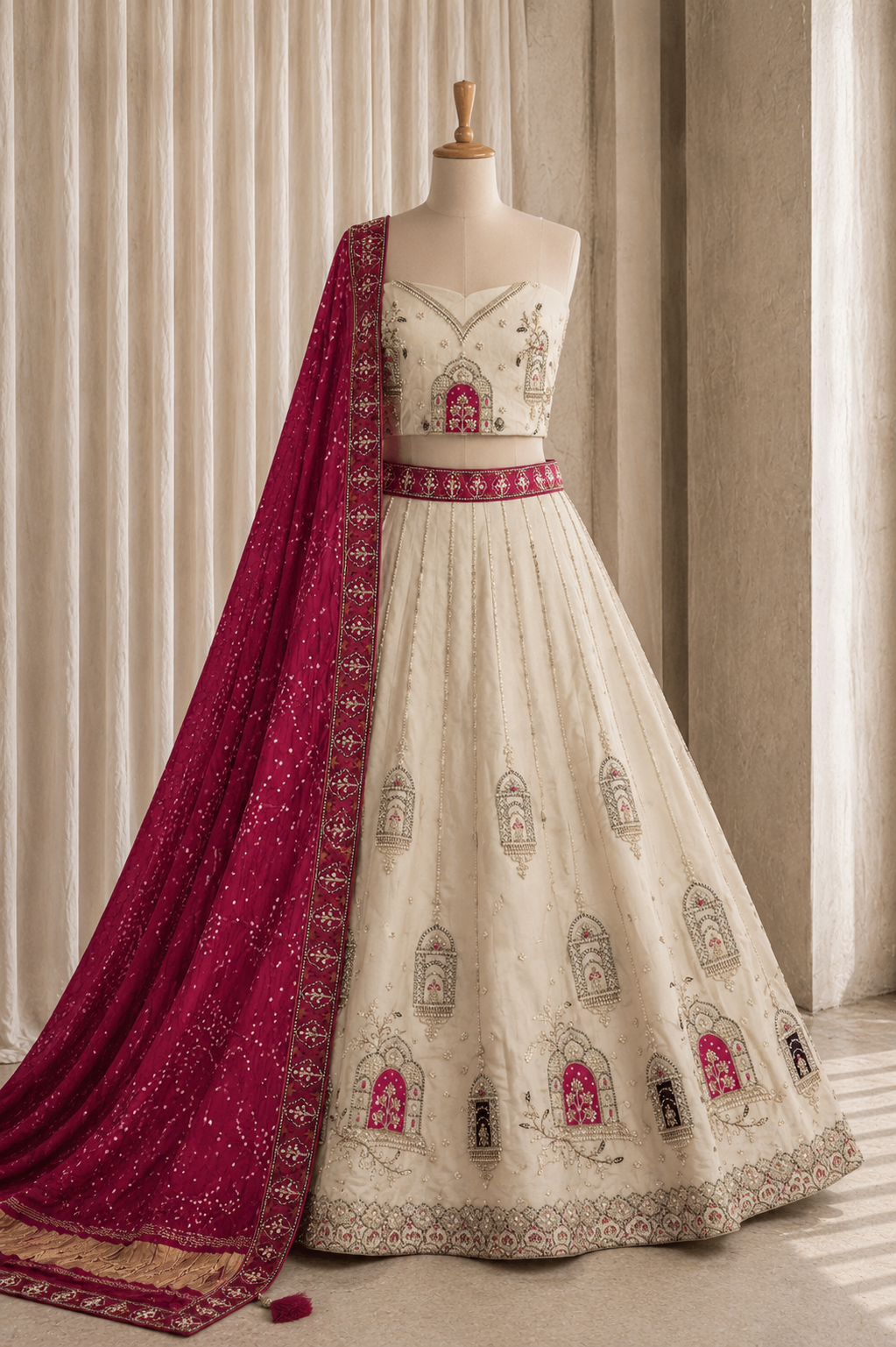 Radiant Ivory Color And Tissue Fabric Bandhej Print with Unstitch Lehenga