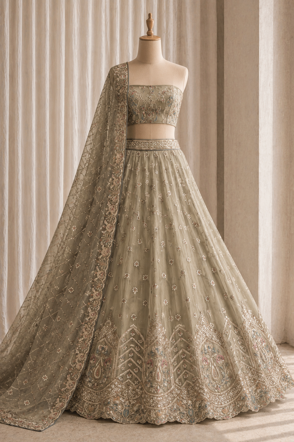 Capital Sea Green Color And Shimmer Fabric Cut dana with Unstitch Lehenga