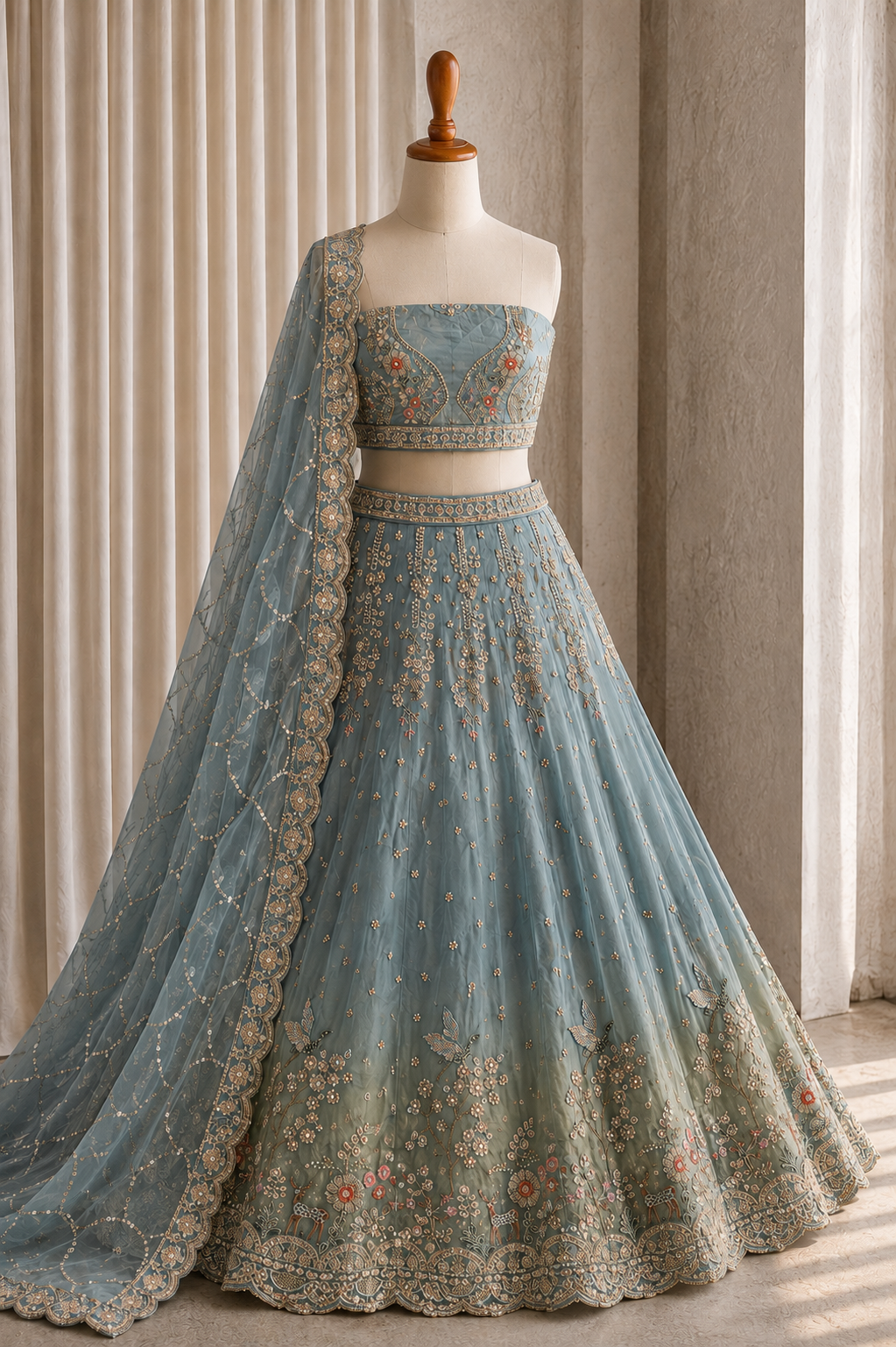 Fantastic Aqua Color And Tissue Silk Fabric Cut Dana with Unstitch Lehenga