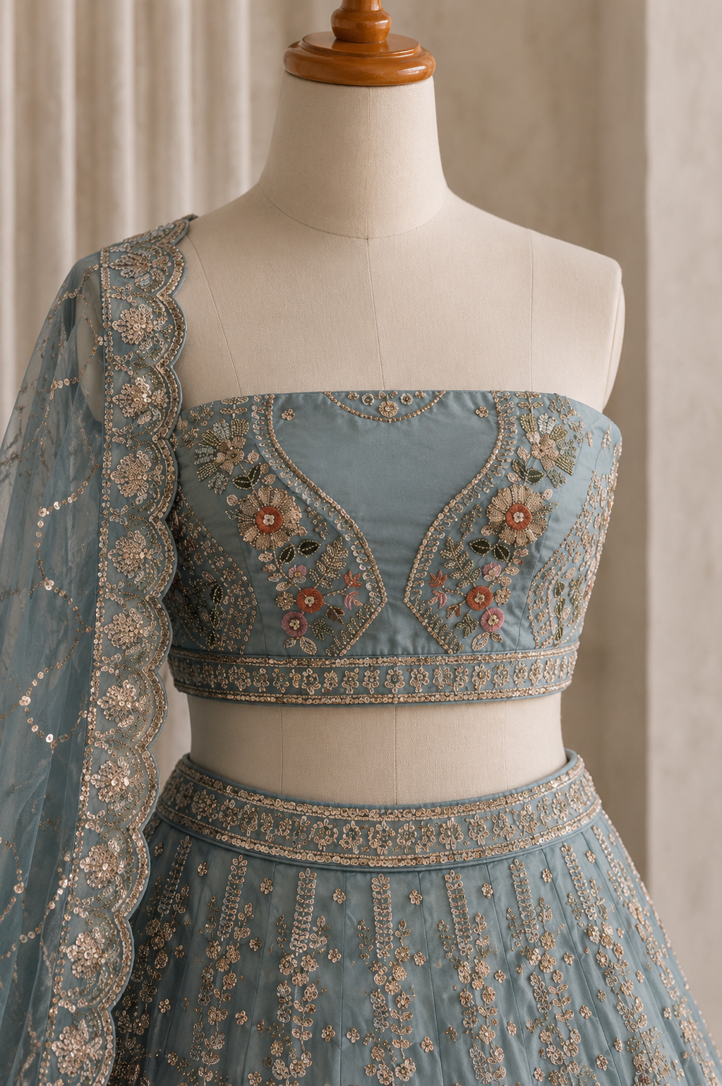 Fantastic Aqua Color And Tissue Silk Fabric Cut Dana with Unstitch Lehenga