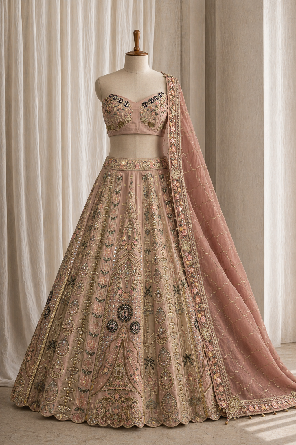 Attractive Peach Color And Tissue Fabric Zari Fancy work with Unstitch Lehenga