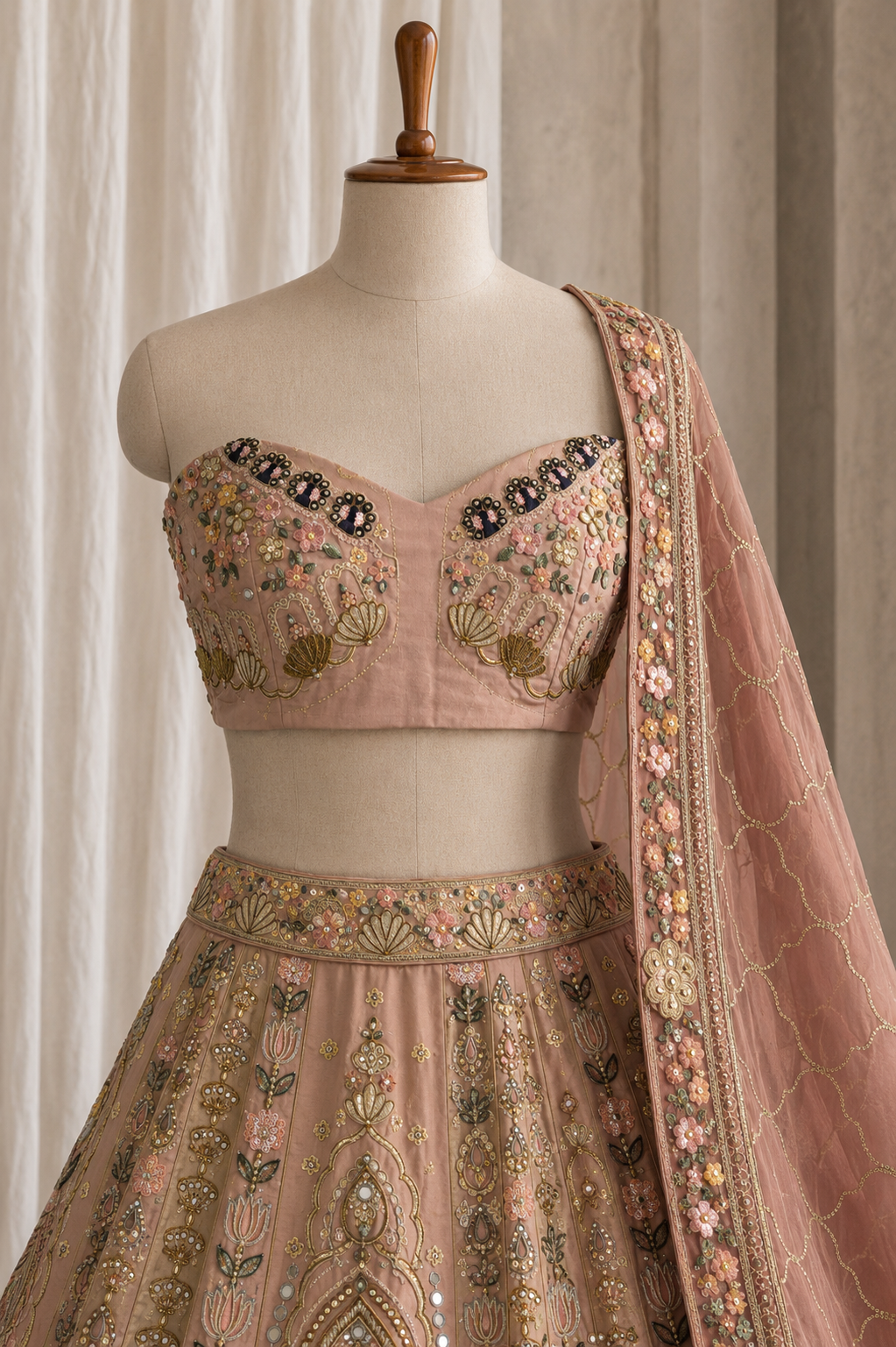 Attractive Peach Color And Tissue Fabric Zari Fancy work with Unstitch Lehenga