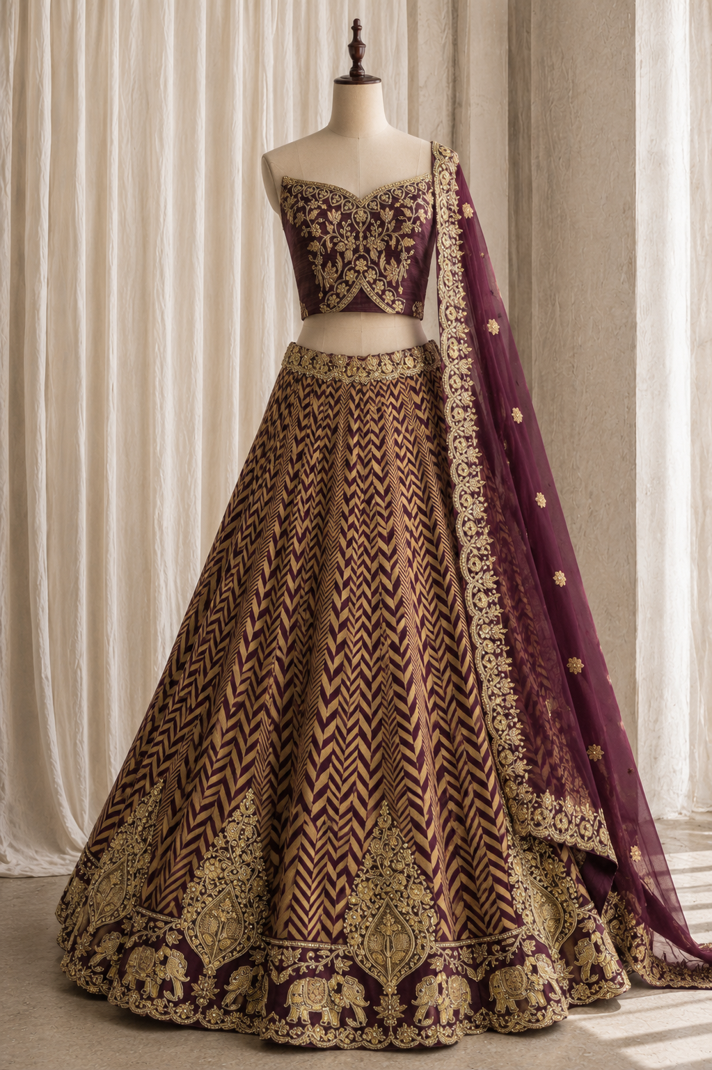 Beautiful Wain Color And Brocade Fabric Zari work with Unstitch Lehenga