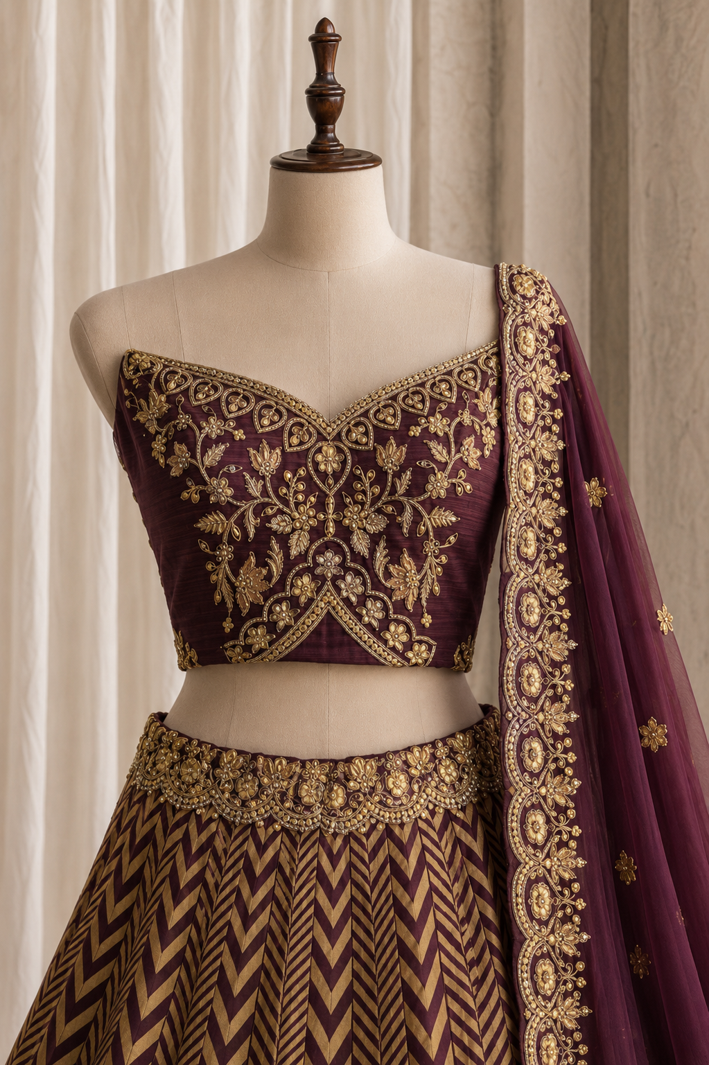 Beautiful Wain Color And Brocade Fabric Zari work with Unstitch Lehenga