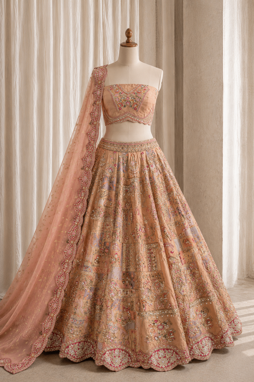 Confident Peach Color And Tissue Fabric Moti work with Unstitch Lehenga