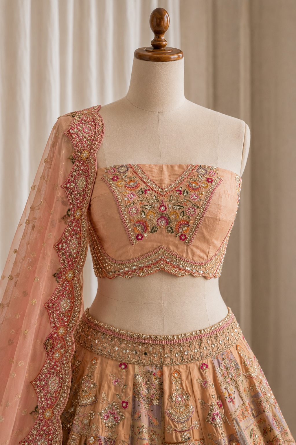 Confident Peach Color And Tissue Fabric Moti work with Unstitch Lehenga