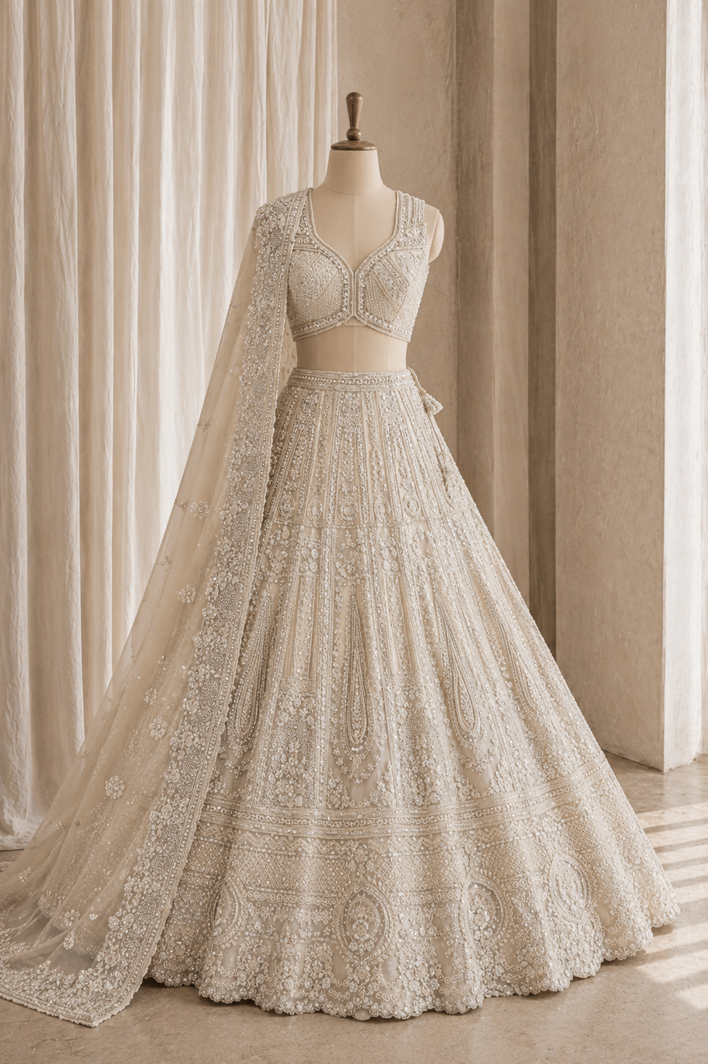 Classical Off White Color And Net Fabric Cut dana work with Unstitch Lehenga