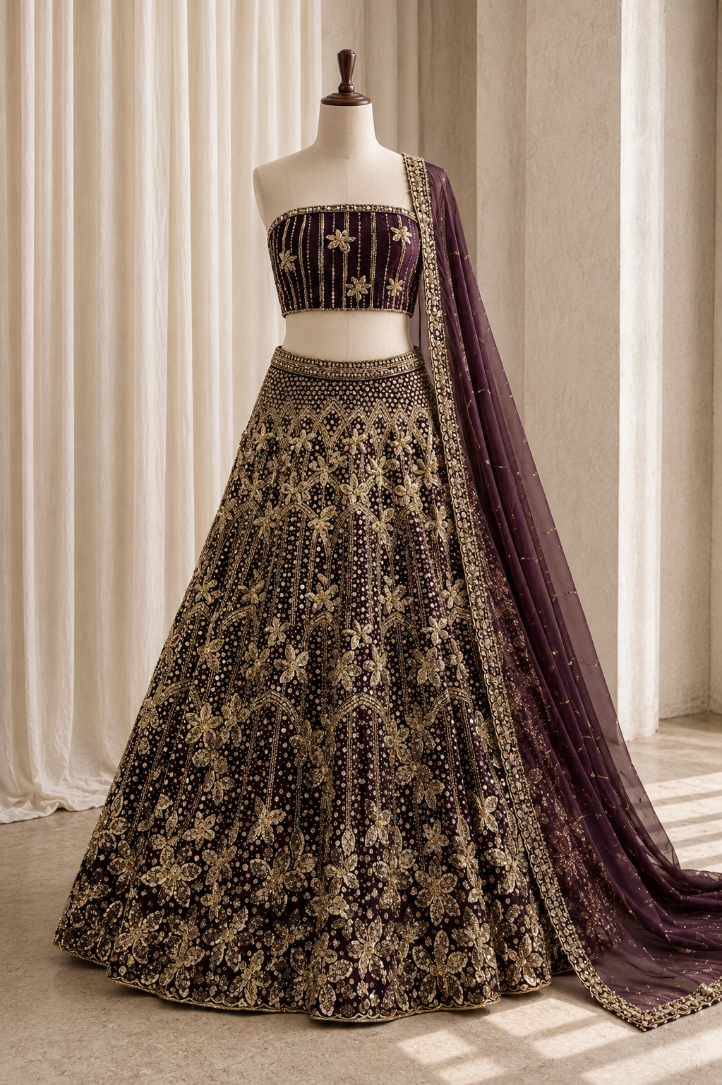 Charming Sequins Work Wine Color And Soft Net Fabric Unstitch Lehenga