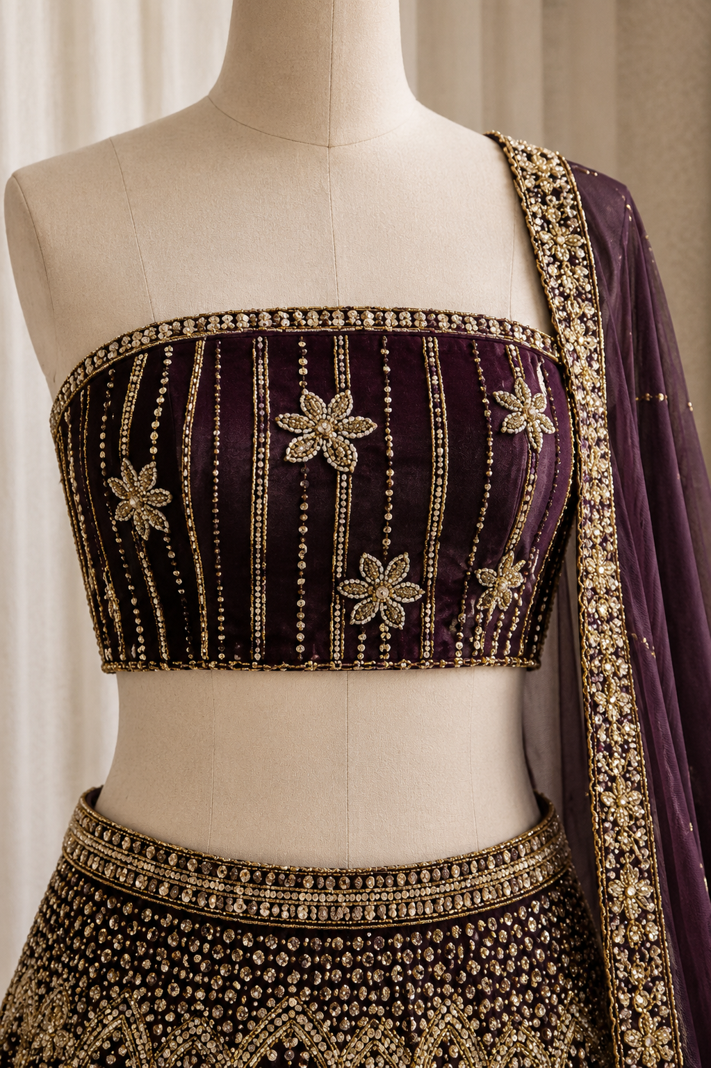 Charming Sequins Work Wine Color And Soft Net Fabric Unstitch Lehenga