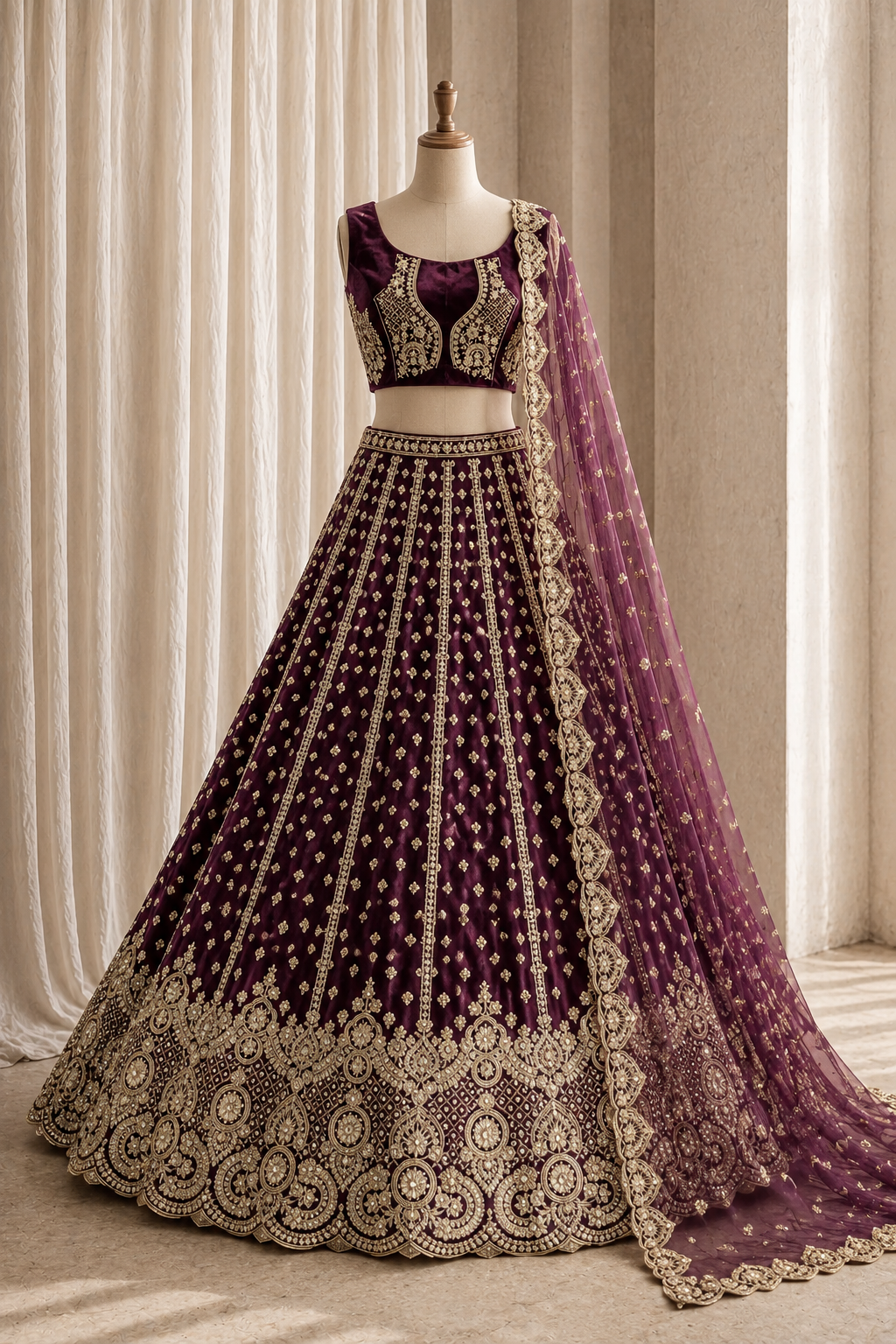 Beautiful Sequins Work Wine Color And Soft Net Fabric Unstitch Lehenga