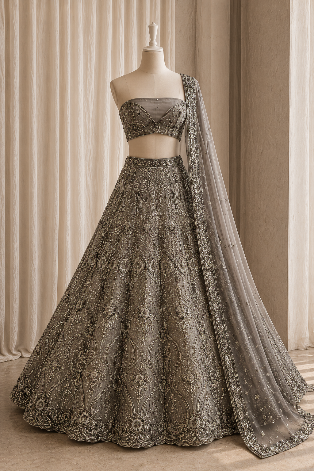Superb Cut Dana Work Grey Color And Soft Net Fabric Unstitch Lehenga