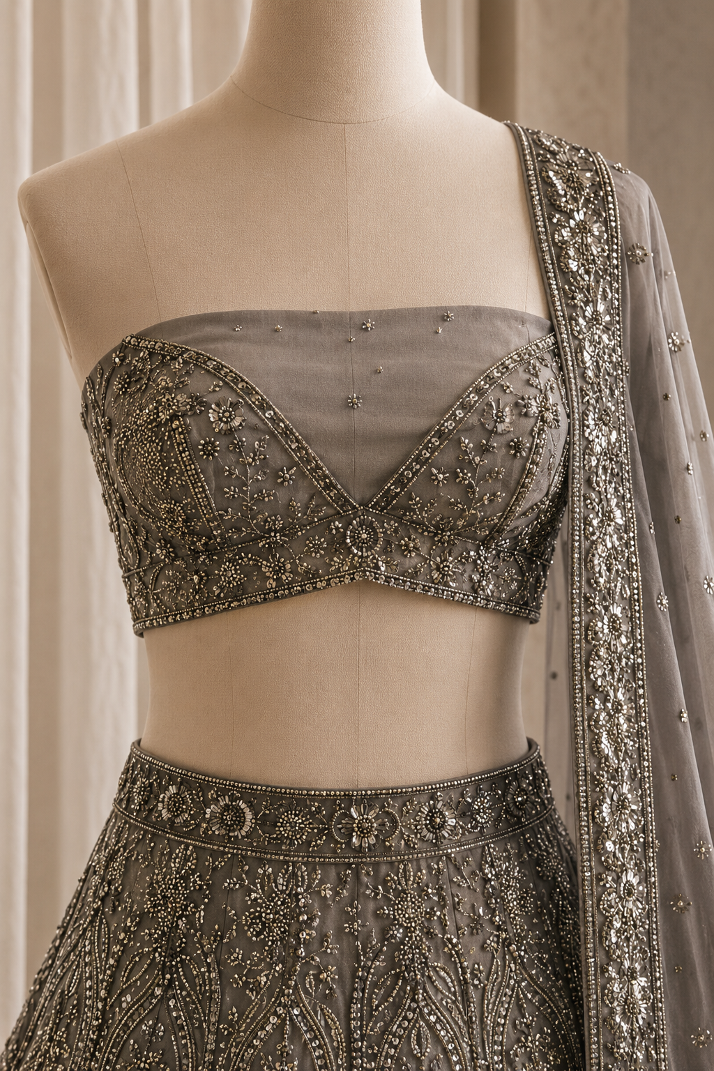 Superb Cut Dana Work Grey Color And Soft Net Fabric Unstitch Lehenga