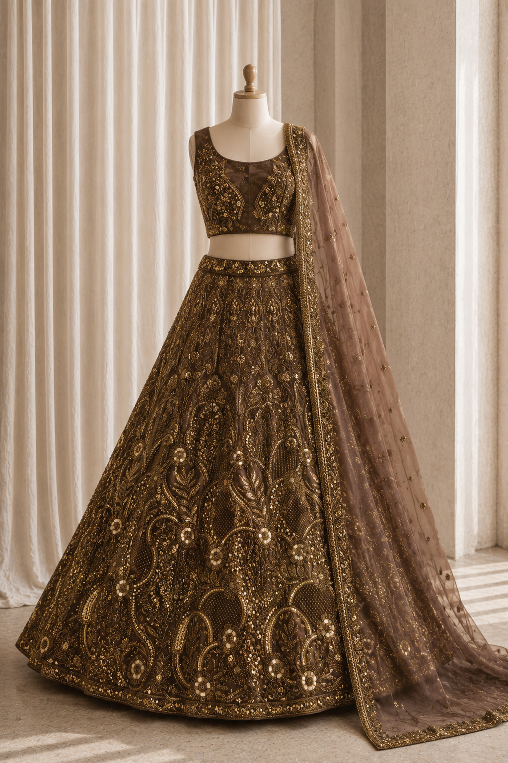 Goodly Cut Dana Work Brown Color And Soft Net Fabric Unstitch Lehenga