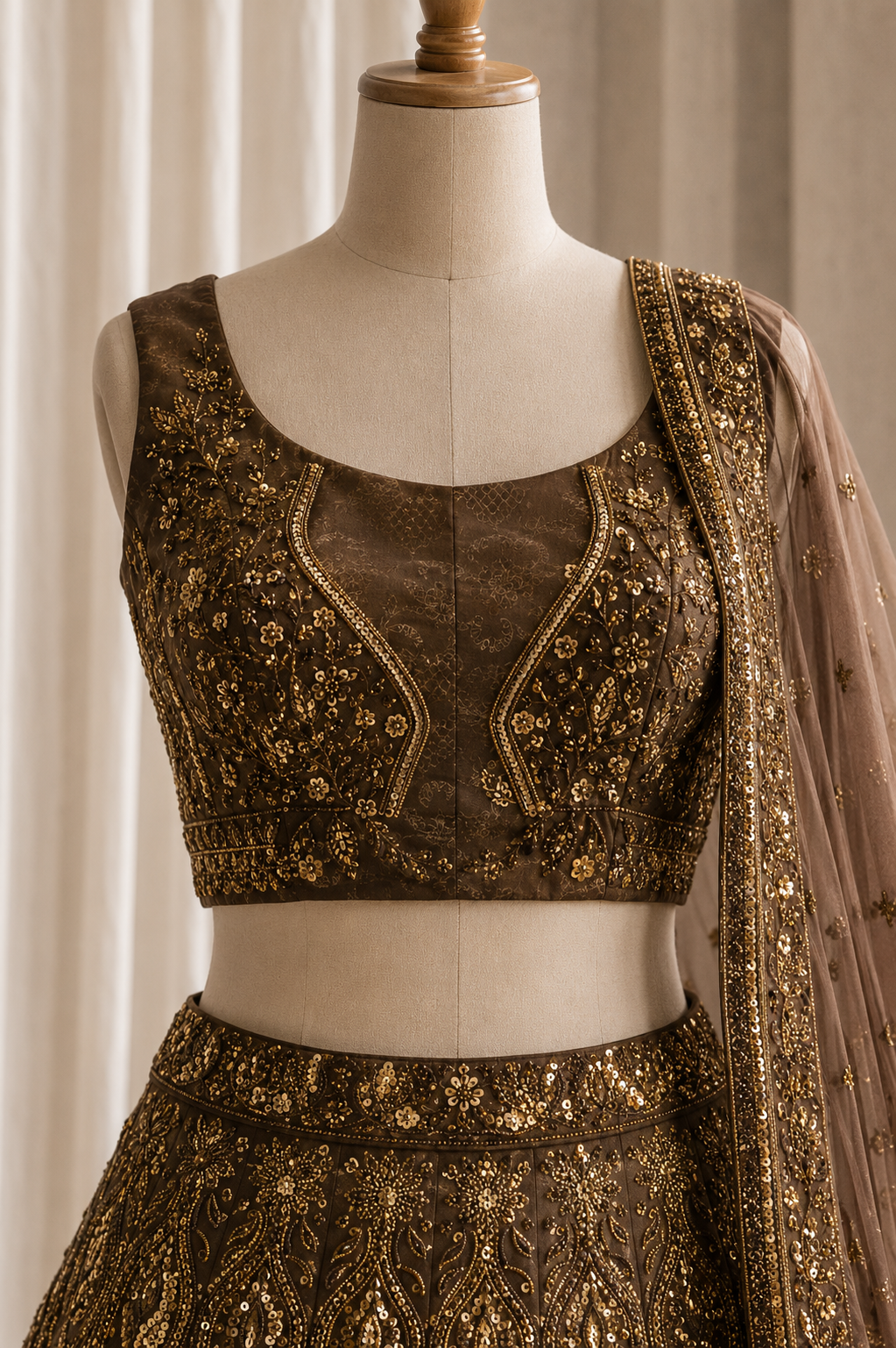 Goodly Cut Dana Work Brown Color And Soft Net Fabric Unstitch Lehenga