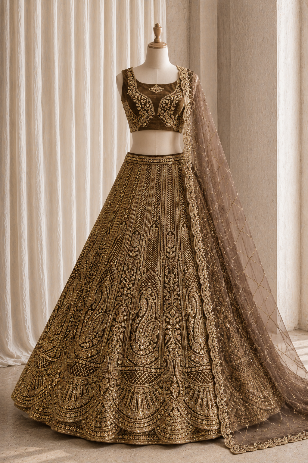 Perfect Cut Dana Work Copper Color And Soft Net Fabric Unstitch Lehenga