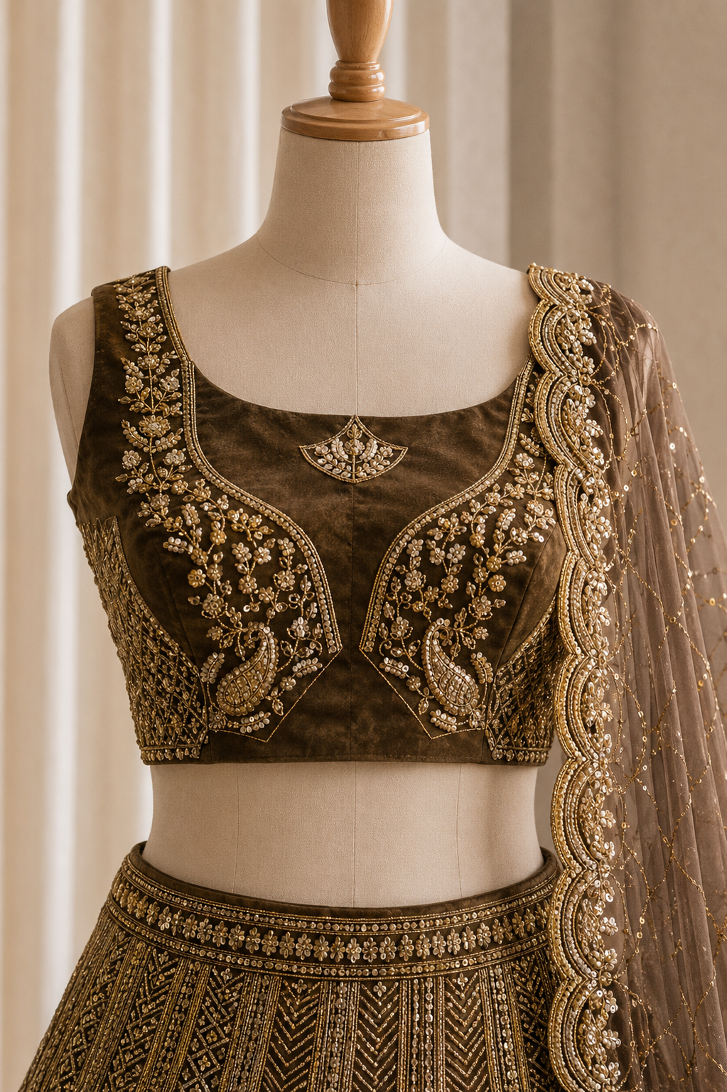 Perfect Cut Dana Work Copper Color And Soft Net Fabric Unstitch Lehenga