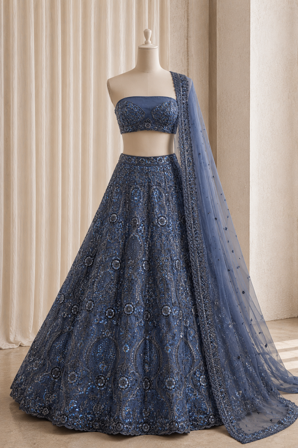 Beautiful Cut Dana Work Navy Blue Color And Soft Net Fabric Unstitch Lehenga