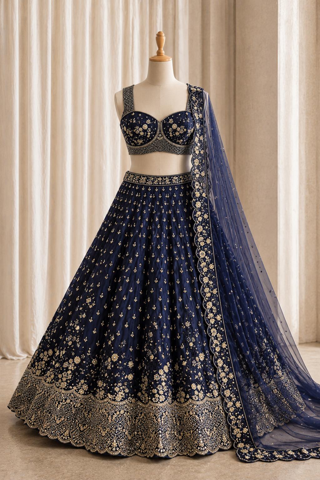 Elegant Diamond Work Navy Blue Color And Soft Net Fabric Unstitch Lehenga
