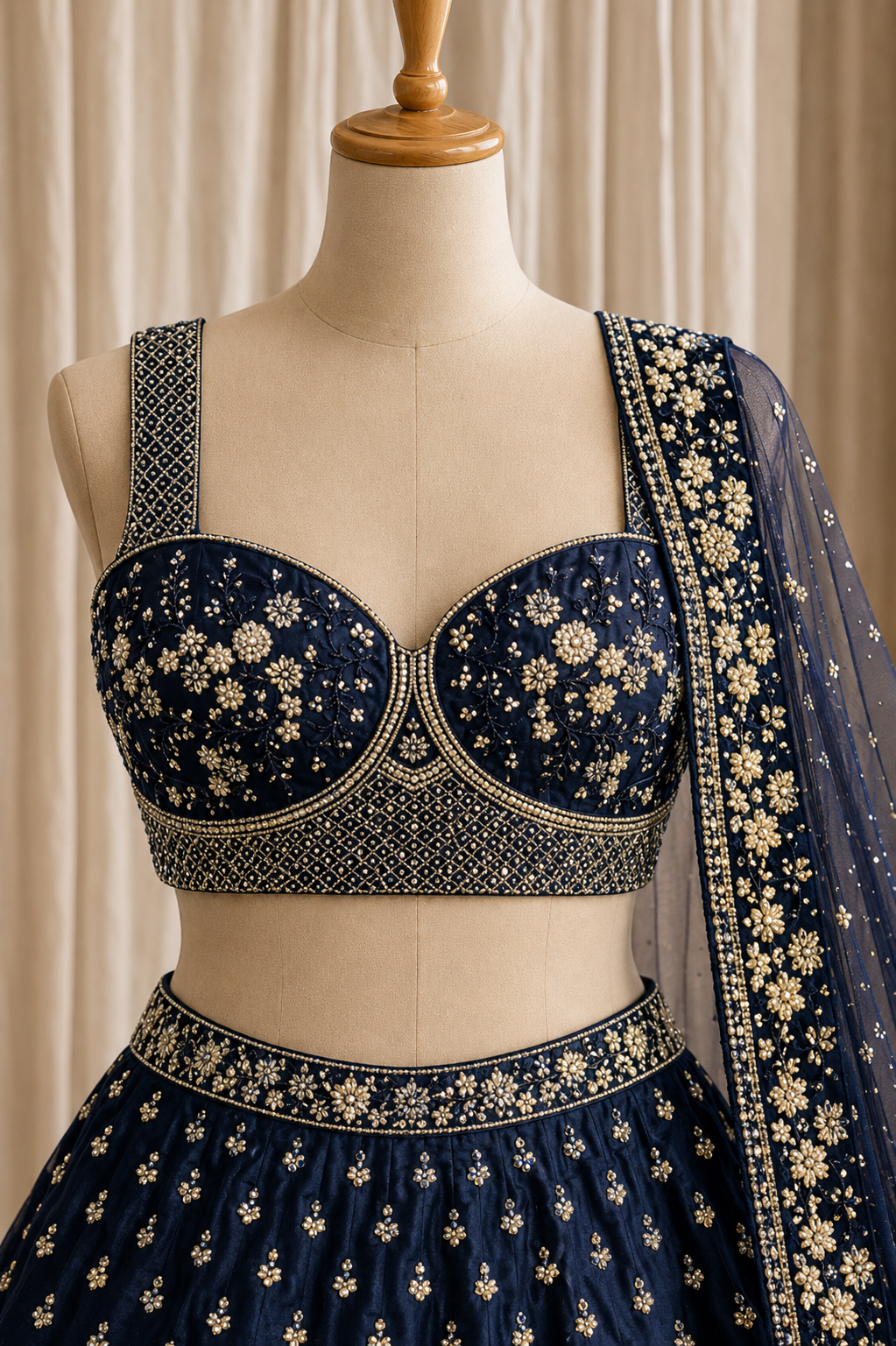 Elegant Diamond Work Navy Blue Color And Soft Net Fabric Unstitch Lehenga