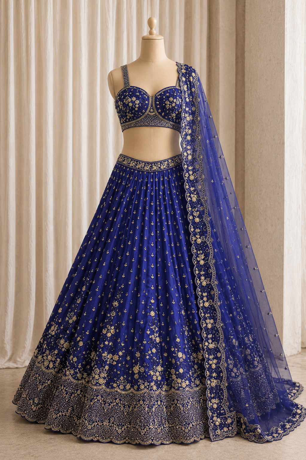 Pretty Diamond Work Royal Blue Color And Soft Net Fabric Unstitch Lehenga