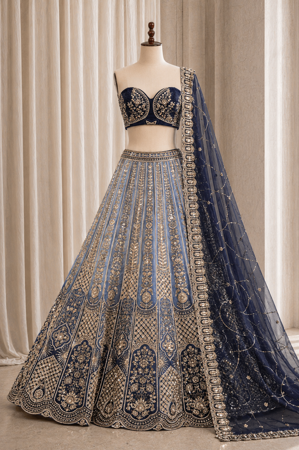 Gorgeous Diamond Work Blue Color And Soft Net Fabric Unstitch Lehenga