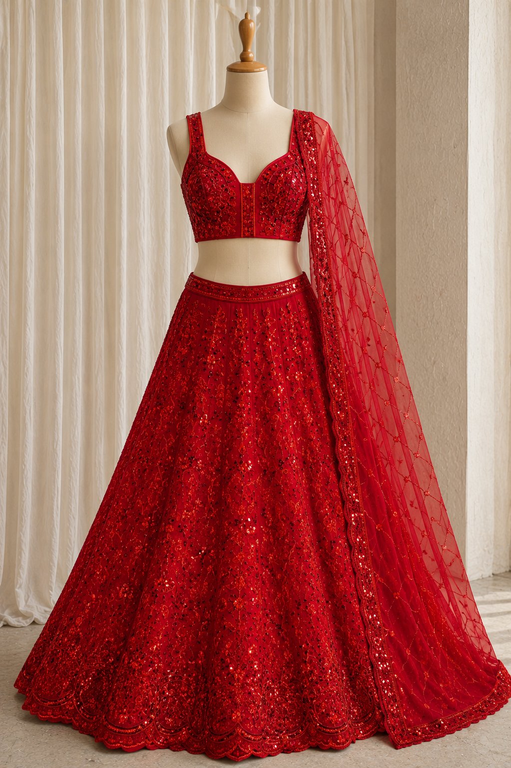 Wonderful Sequins Work Rad Color And Soft Net Fabric Unstitch Lehenga
