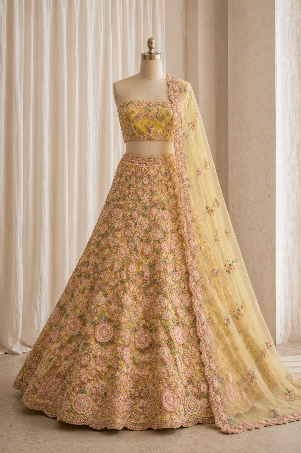 Intricate Applique Work Yellow Color And Soft Net Fabric Unstitch Lehenga
