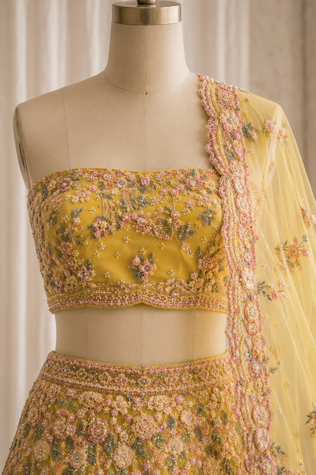 Intricate Applique Work Yellow Color And Soft Net Fabric Unstitch Lehenga